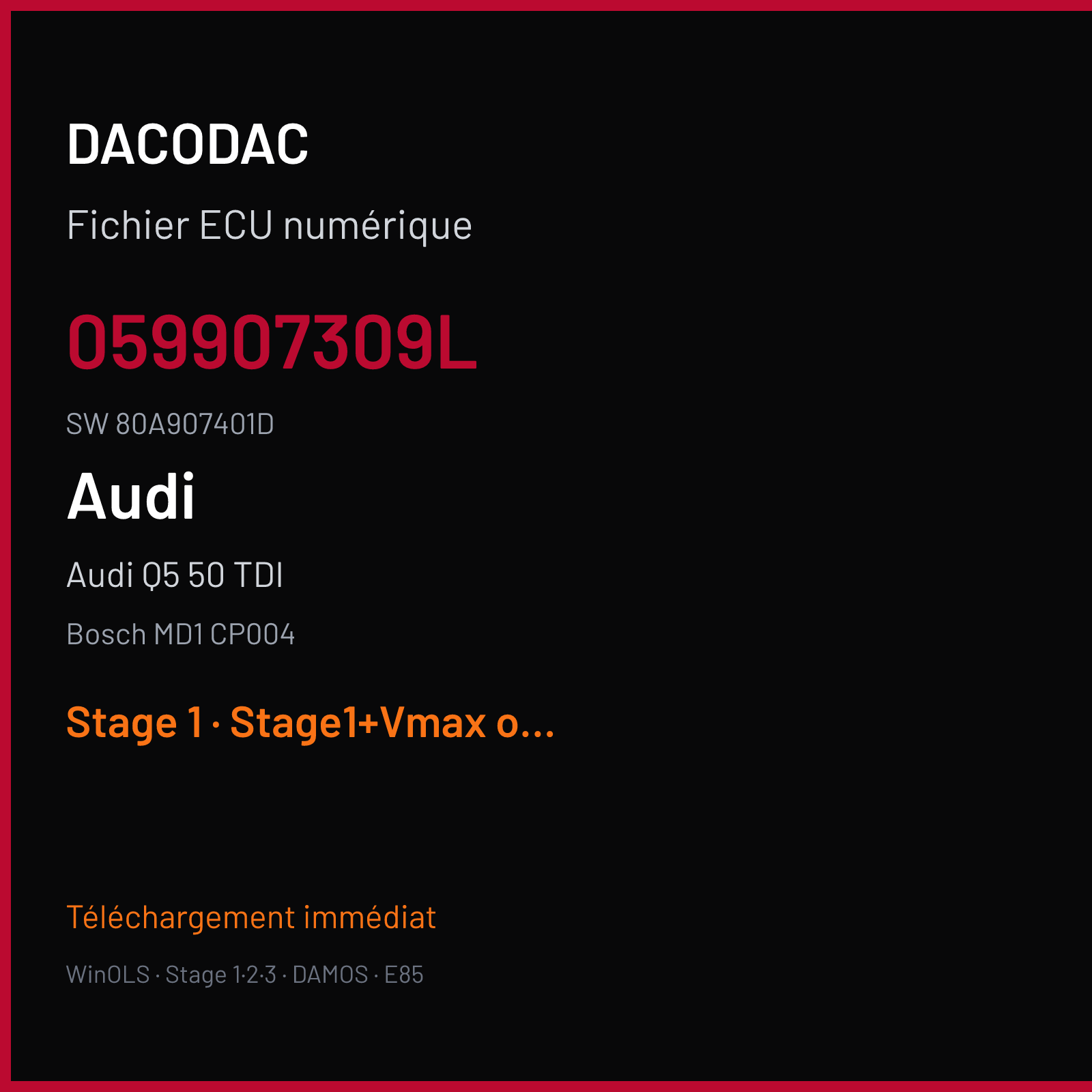 Audi Q5 50 TDI 286 ch (2019) — Bosch MD1 CP004 — 059907309L · 80A907401D — Stage 1