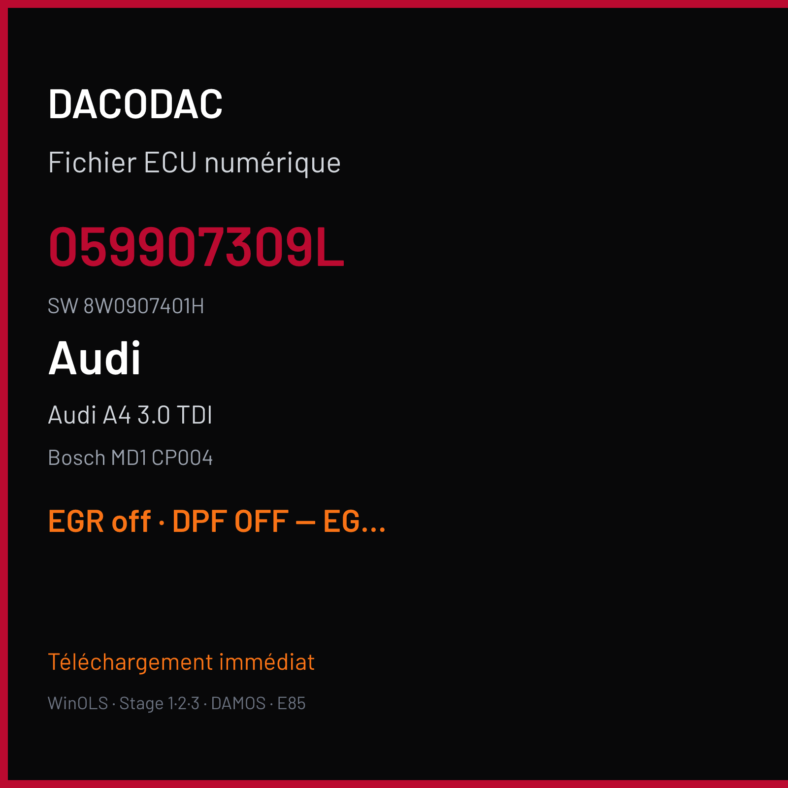 Audi A4 3.0 TDI 231 ch — Bosch MD1 CP004 — 059907309L · 8W0907401H · 038235 — EGR off