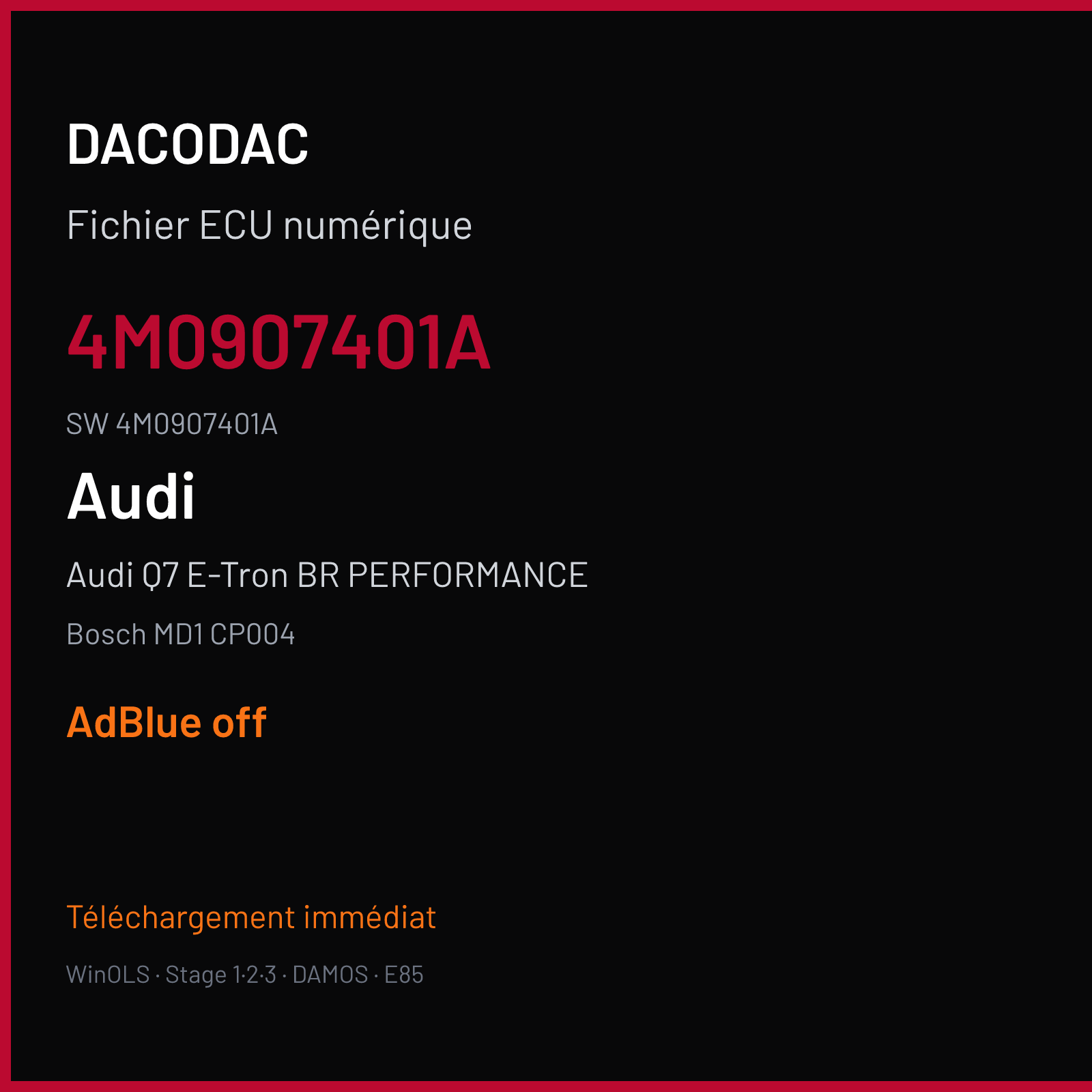 Audi Q7 E-Tron BR PERFORMANCE 361 ch (2020) — Bosch MD1 CP004 — 4M0907401A · 4M0907401A · 021054 — ADBLUE off