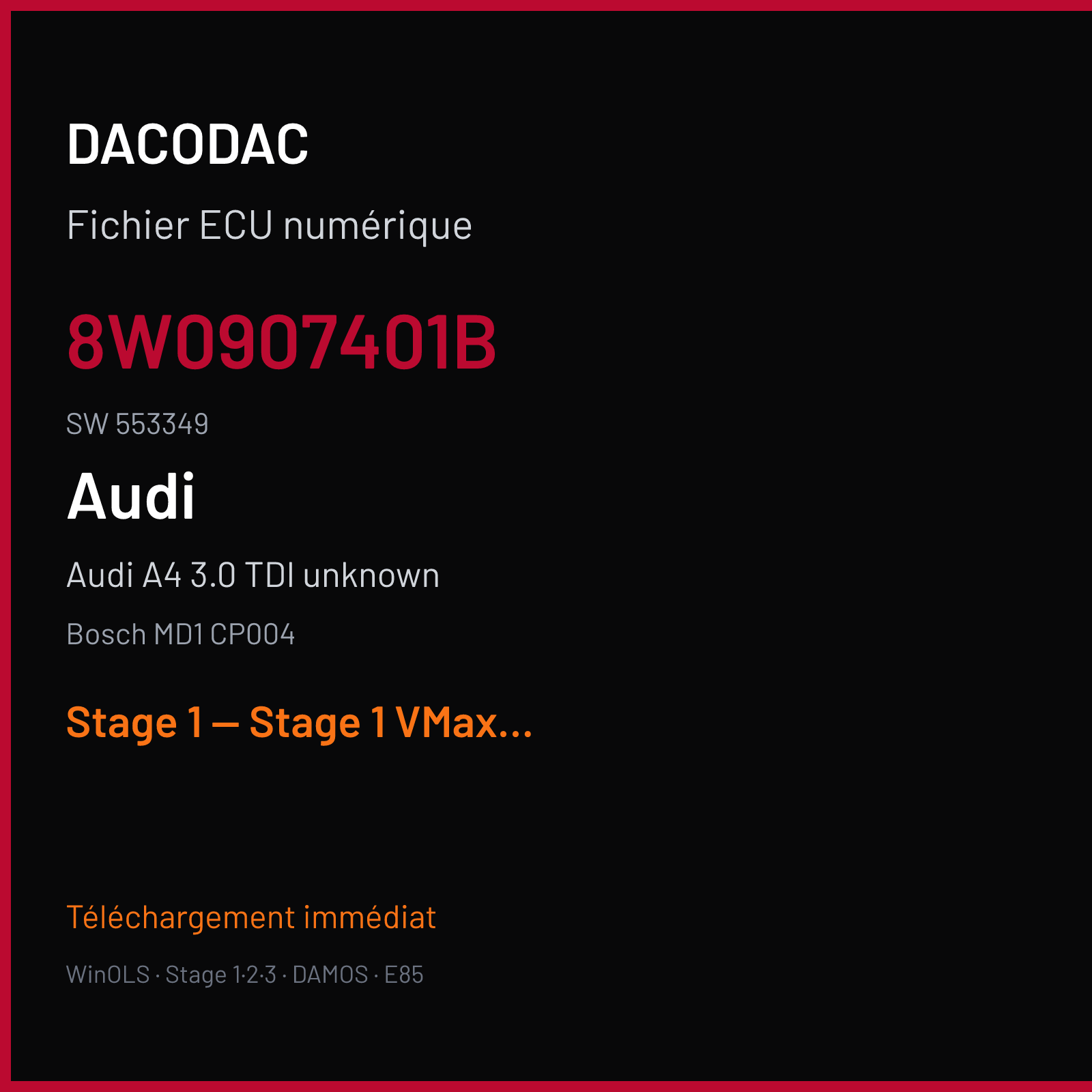 Audi A4 3.0 TDI unknown — Bosch MD1 CP004 — 8W0907401B · 553349 — Stage 1 — Stage 1 VMax OFF copied from good file