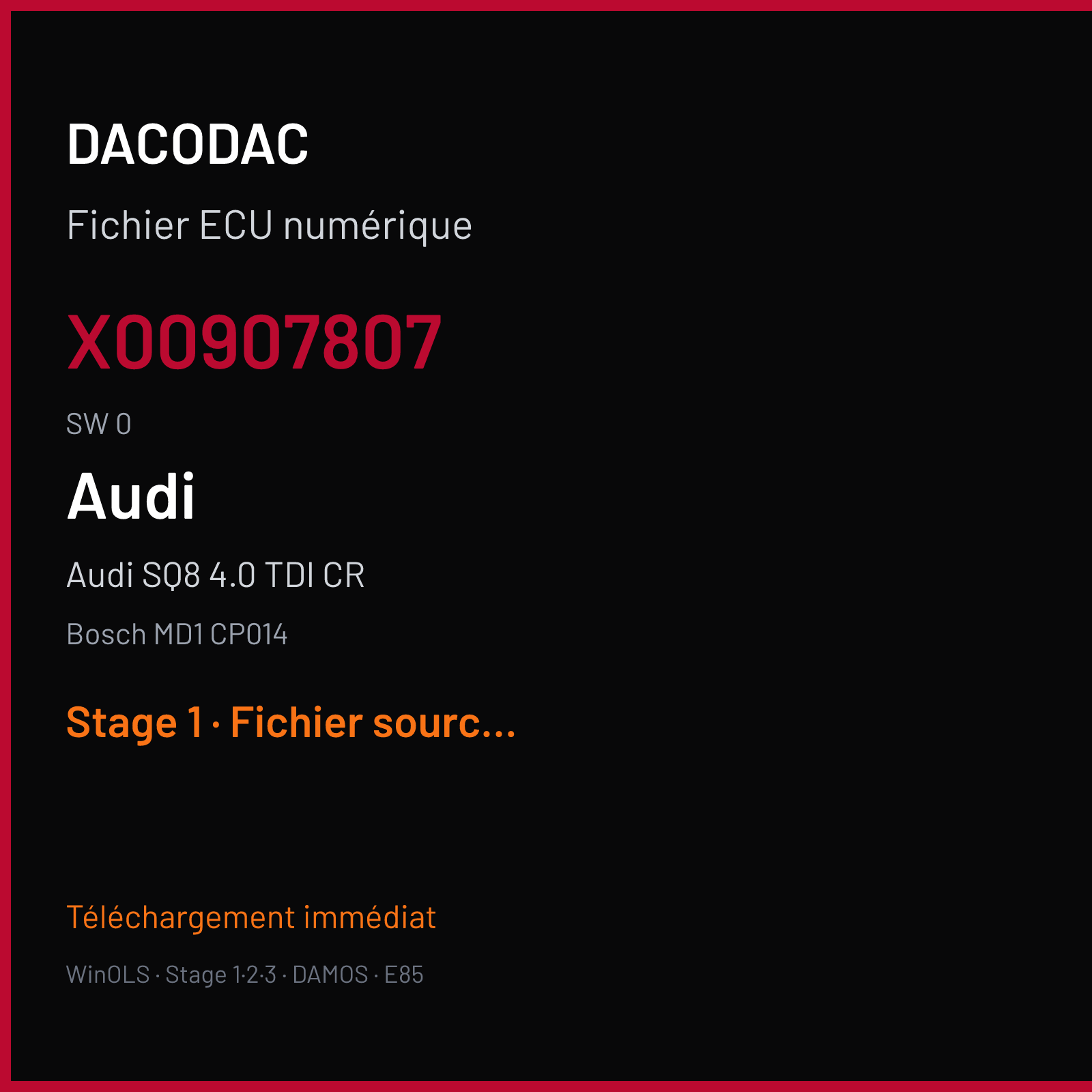 Audi SQ8 4.0 TDI CR 435 ch (2019) — Bosch MD1 CP014 — X00907807 · 0 · 4M8907409 560198 — Stage 1