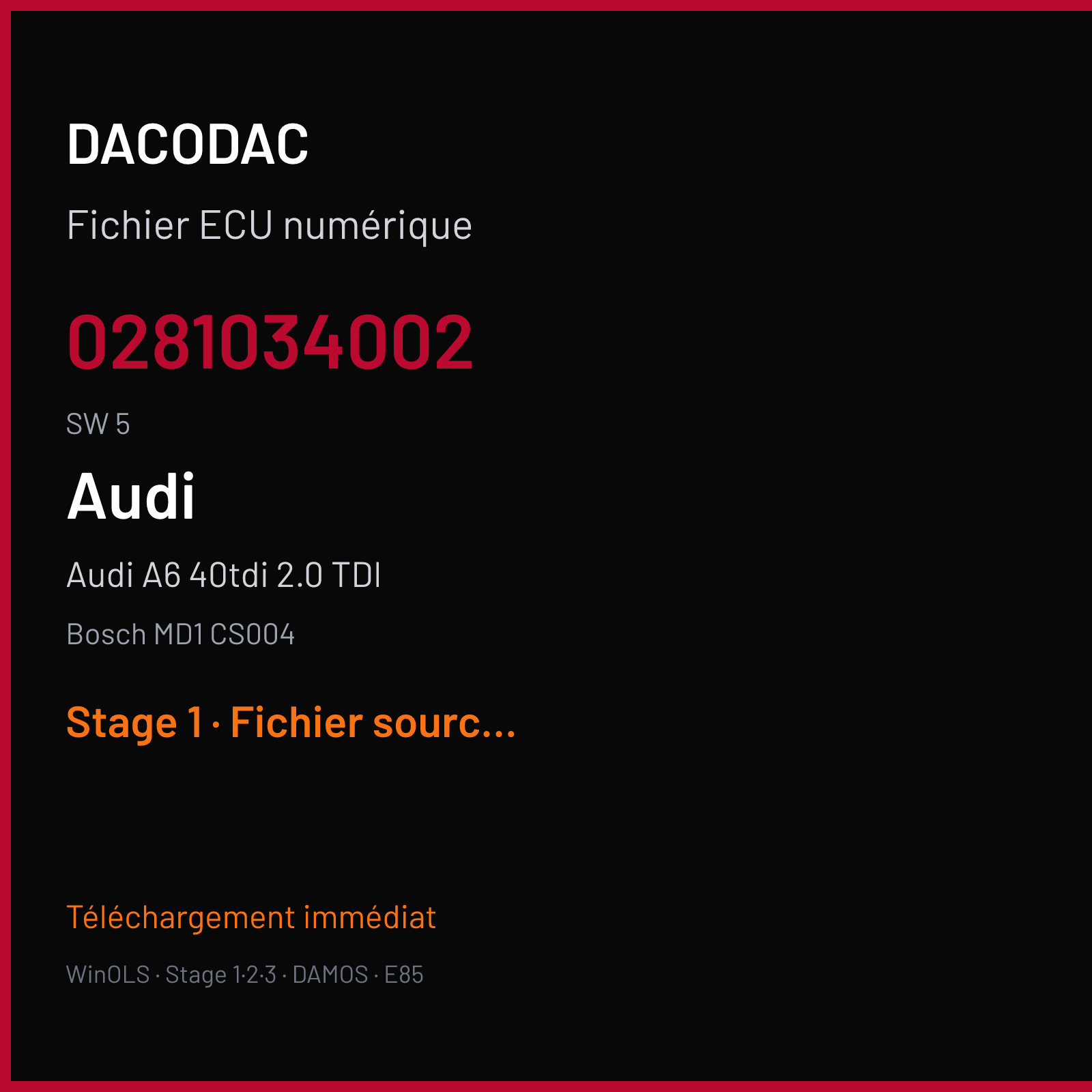 Audi A6 40tdi 2.0 TDI 204 ch (2018) — Bosch MD1 CS004 — 0281034002 · 5 · 6906 6907 036977 — Stage 1
