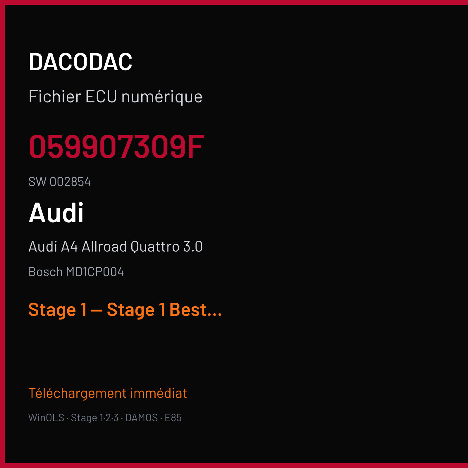 Audi A4 Allroad Quattro 3.0 (2016) — Bosch MD1CP004 — 059907309F · 002854 — Stage 1 — Stage 1 Best file according to Aldo