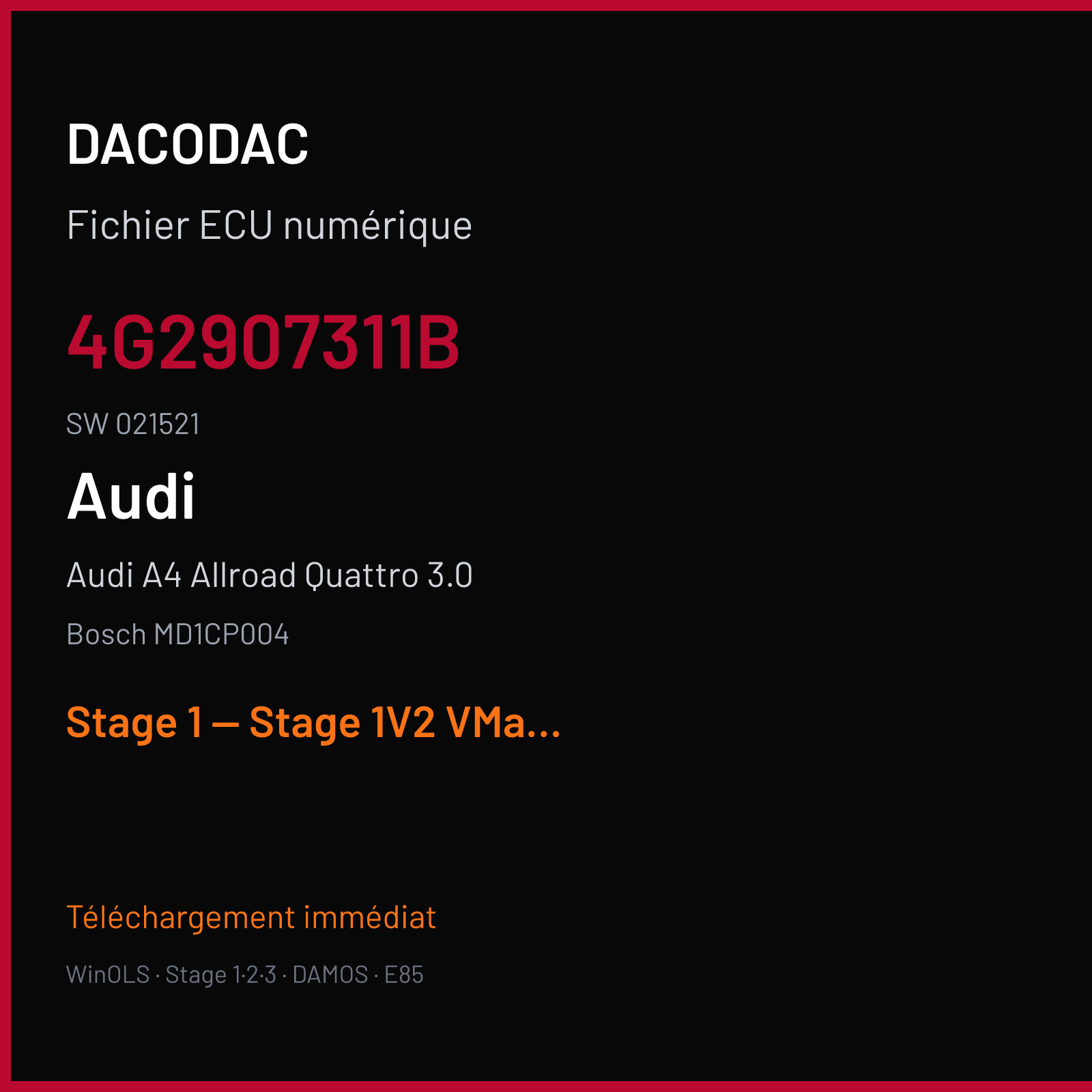 Audi A4 Allroad Quattro 3.0 (2017) — Bosch MD1CP004 — 4G2907311B · 021521 — Stage 1 — Stage 1V2 VMax OFF reworked from aldo Good file