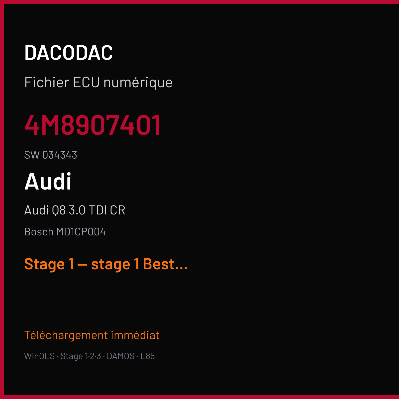Audi Q8 3.0 TDI CR (2019) — Bosch MD1CP004 — 4M8907401 · 034343 — Stage 1 — stage 1 Best file reworked by Aldo 50hp 110nm perfect