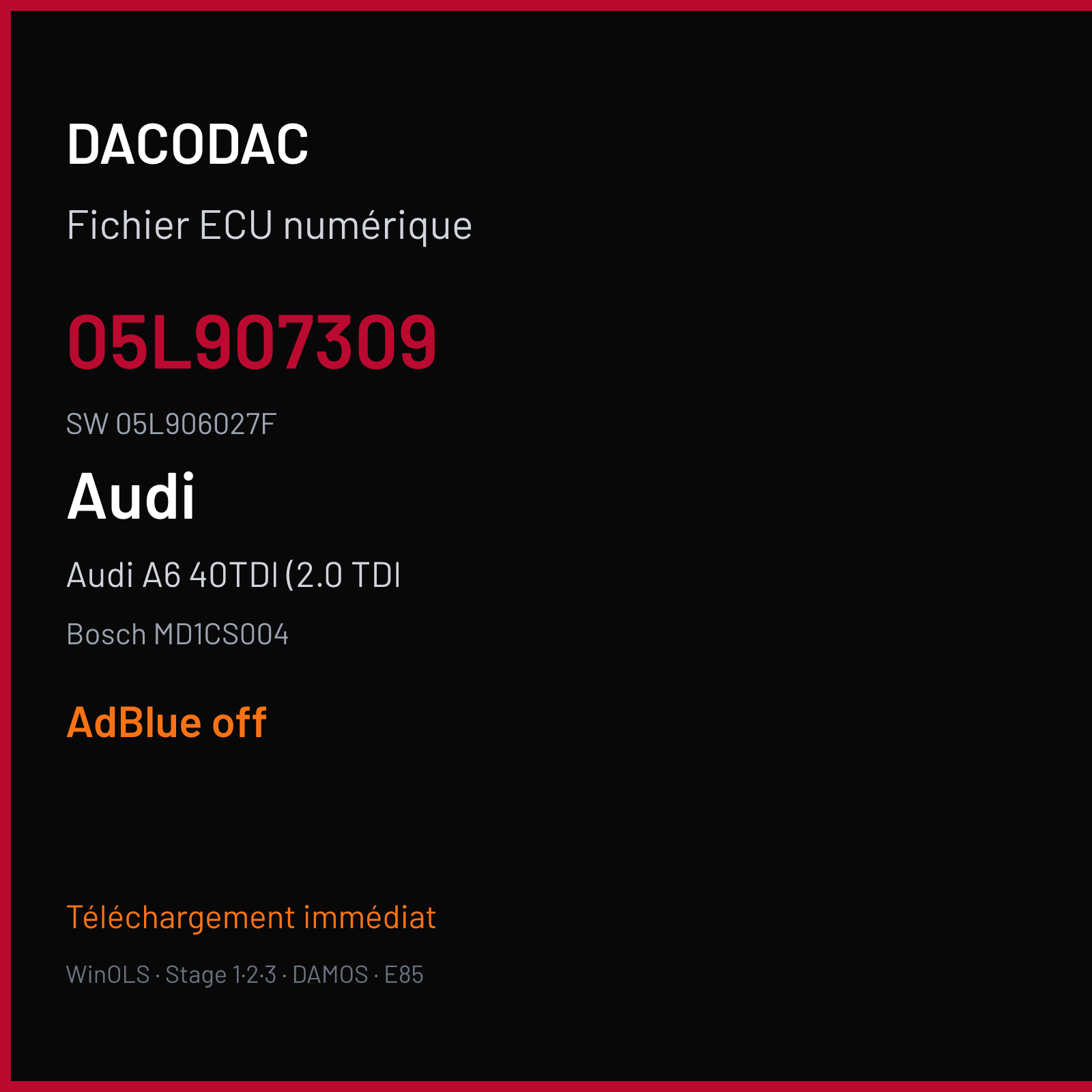 Audi A6 40TDI (2.0 TDI 204 ch (2019) — Bosch MD1CS004 — 05L907309 · 05L906027F · 037046 — ADBLUE off