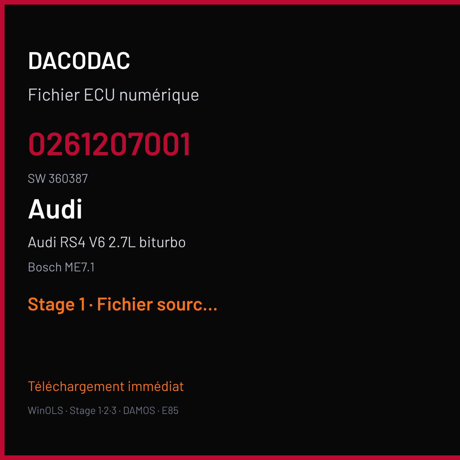 Audi RS4 V6 2.7L biturbo (2001) — Bosch ME7.1 — 0261207001 · 360387 — Stage 1