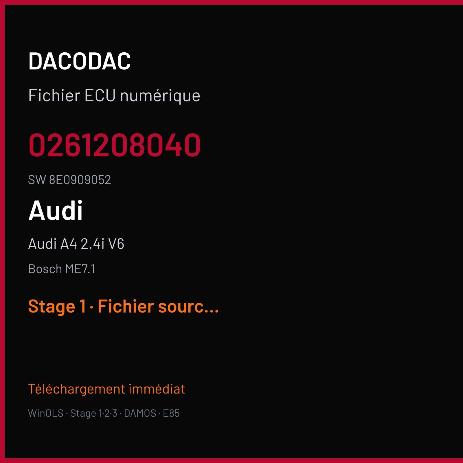 Audi A4 2.4i V6 163 ch (2002) — Bosch ME7.1 — 0261208040 · 8E0909052 · 366135 — Stage 1