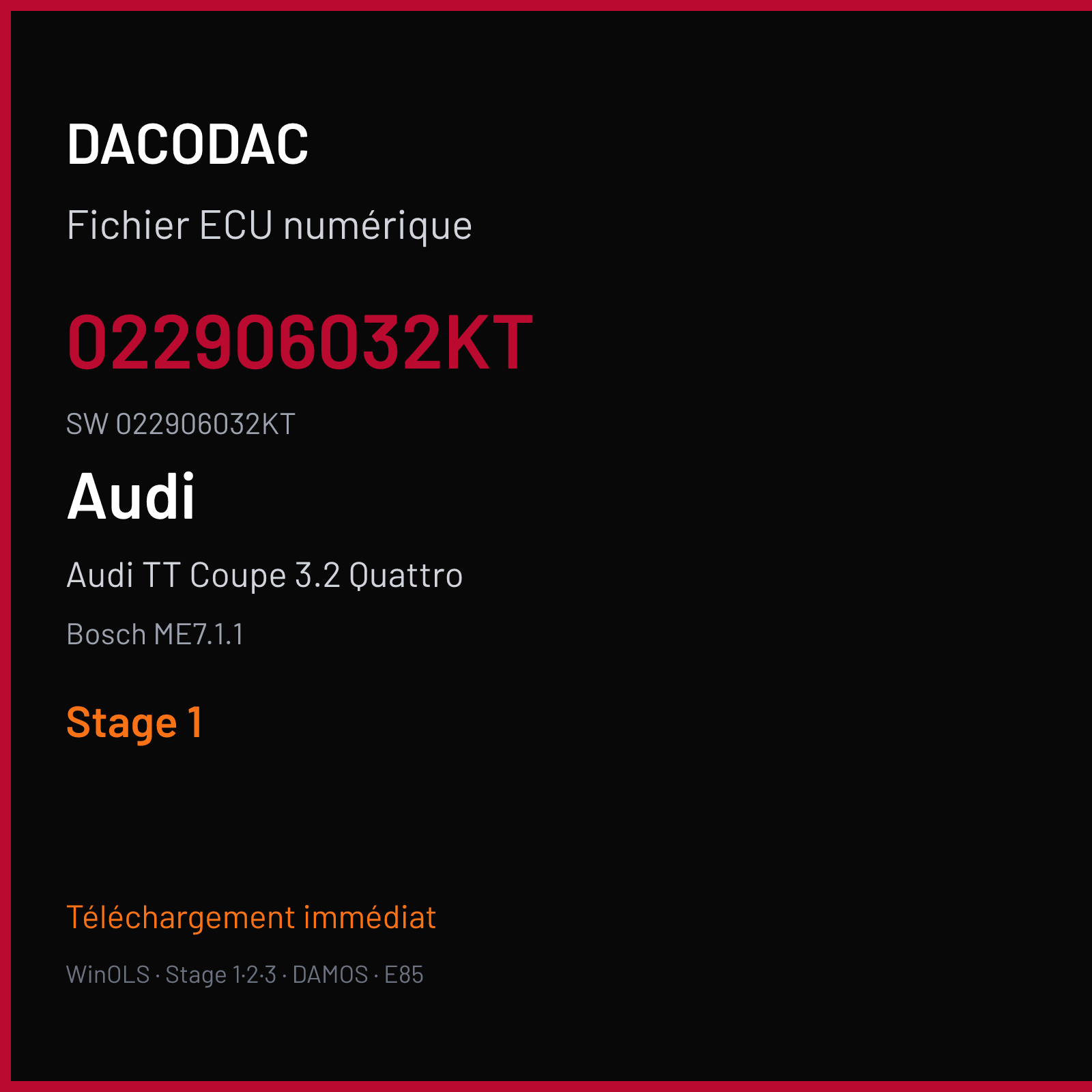 Audi TT Coupe 3.2 Quattro 249 ch (2006) — Bosch ME7.1.1 — 022906032KT · 022906032KT · 389013 — Stage 1