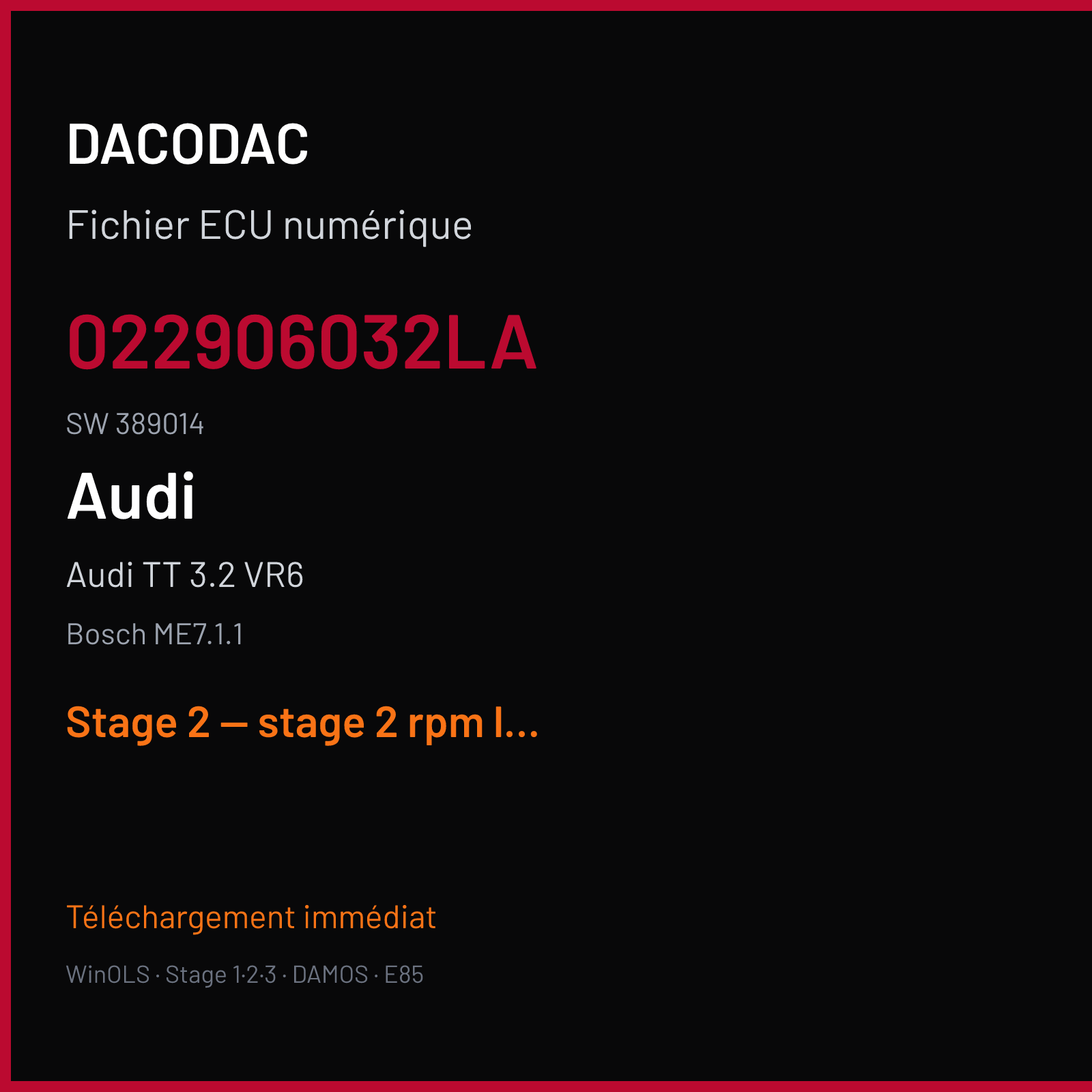 Audi TT 3.2 VR6 (2008) — Bosch ME7.1.1 — 022906032LA · 389014 — Stage 2 — stage 2 rpm limit mod
