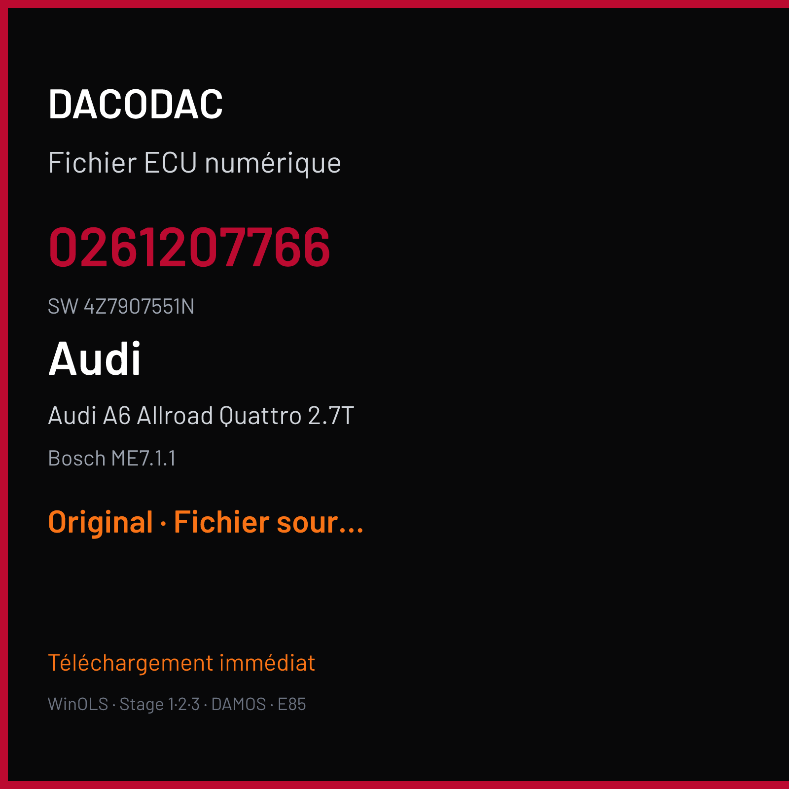 Audi A6 Allroad Quattro 2.7T 250 ch (2003) — Bosch ME7.1.1 — 0261207766 · 4Z7907551N · 0003 1037366367 — Original