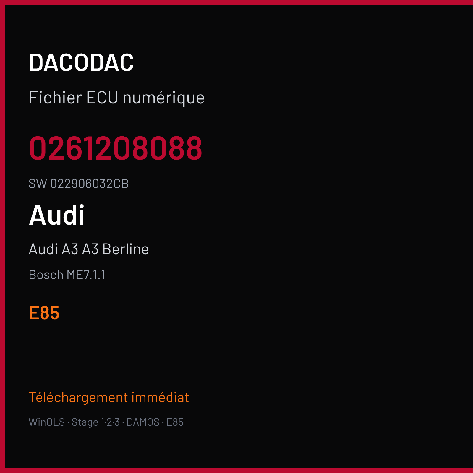 Audi A3 A3 Berline 250 ch (2004) — Bosch ME7.1.1 — 0261208088 · 022906032CB · 369383 — E85