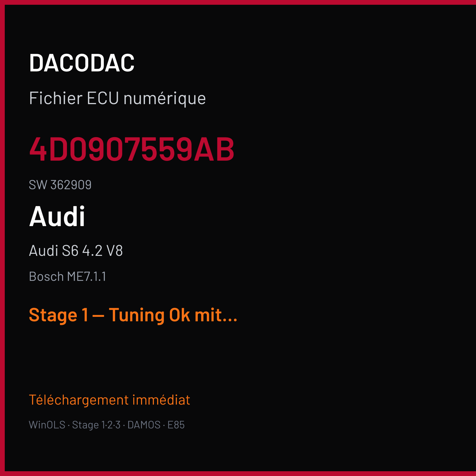 Audi S6 4.2 V8 — Bosch ME7.1.1 — 4D0907559AB · 362909 — Stage 1 — Tuning Ok mit Vmax offen