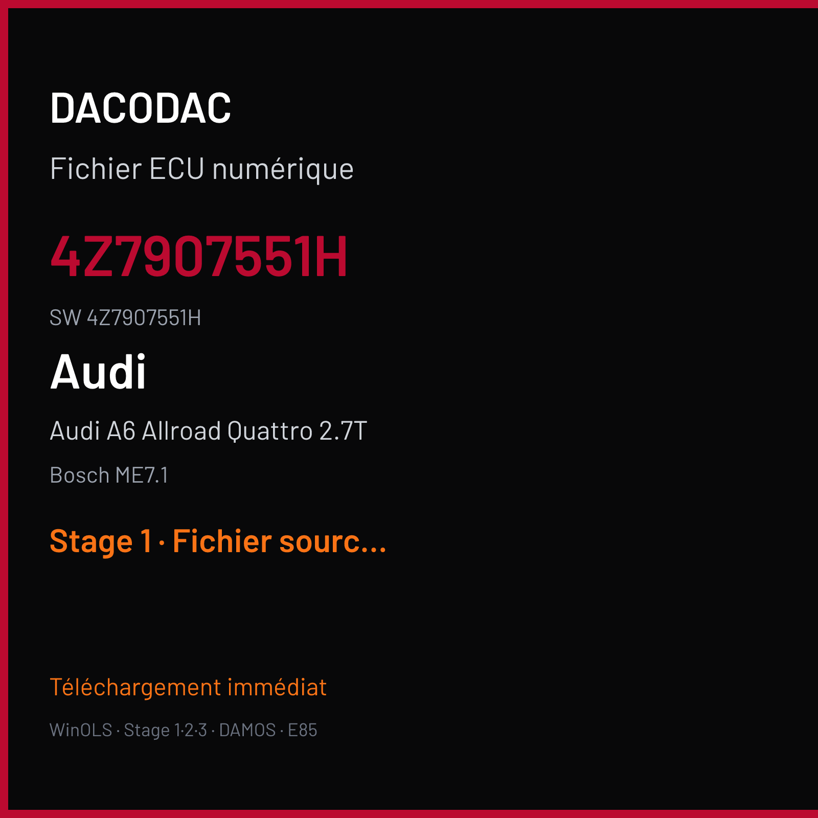 Audi A6 Allroad Quattro 2.7T 250 ch (2001) — Bosch ME7.1 — 4Z7907551H · 4Z7907551H · 360874 — Stage 1