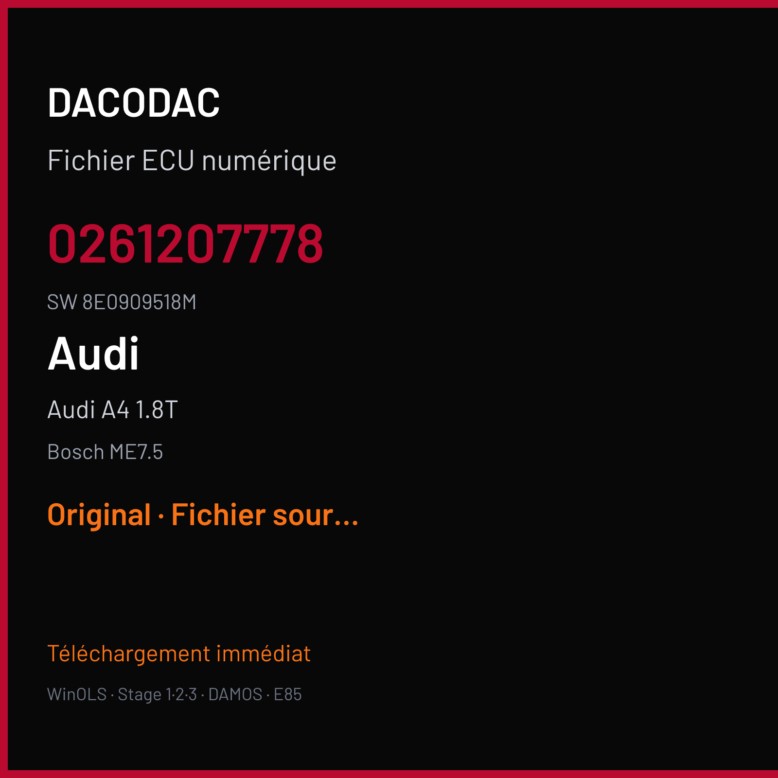 Audi A4 1.8T 150 ch (2003) — Bosch ME7.5 — 0261207778 · 8E0909518M · 0002 1037363466 — Original