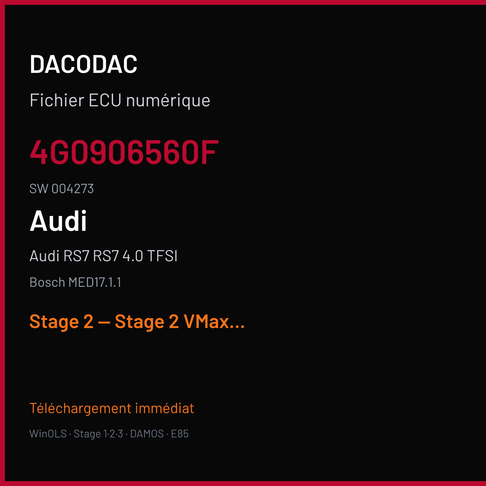 Audi RS7 RS7 4.0 TFSI (2017) — Bosch MED17.1.1 — 4G0906560F · 004273 — Stage 2 — Stage 2 VMax OFF