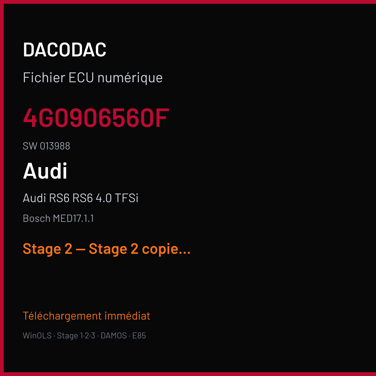 Audi RS6 RS6 4.0 TFSi (2017) — Bosch MED17.1.1 — 4G0906560F · 013988 — Stage 2 — Stage 2 copied from 710hp
