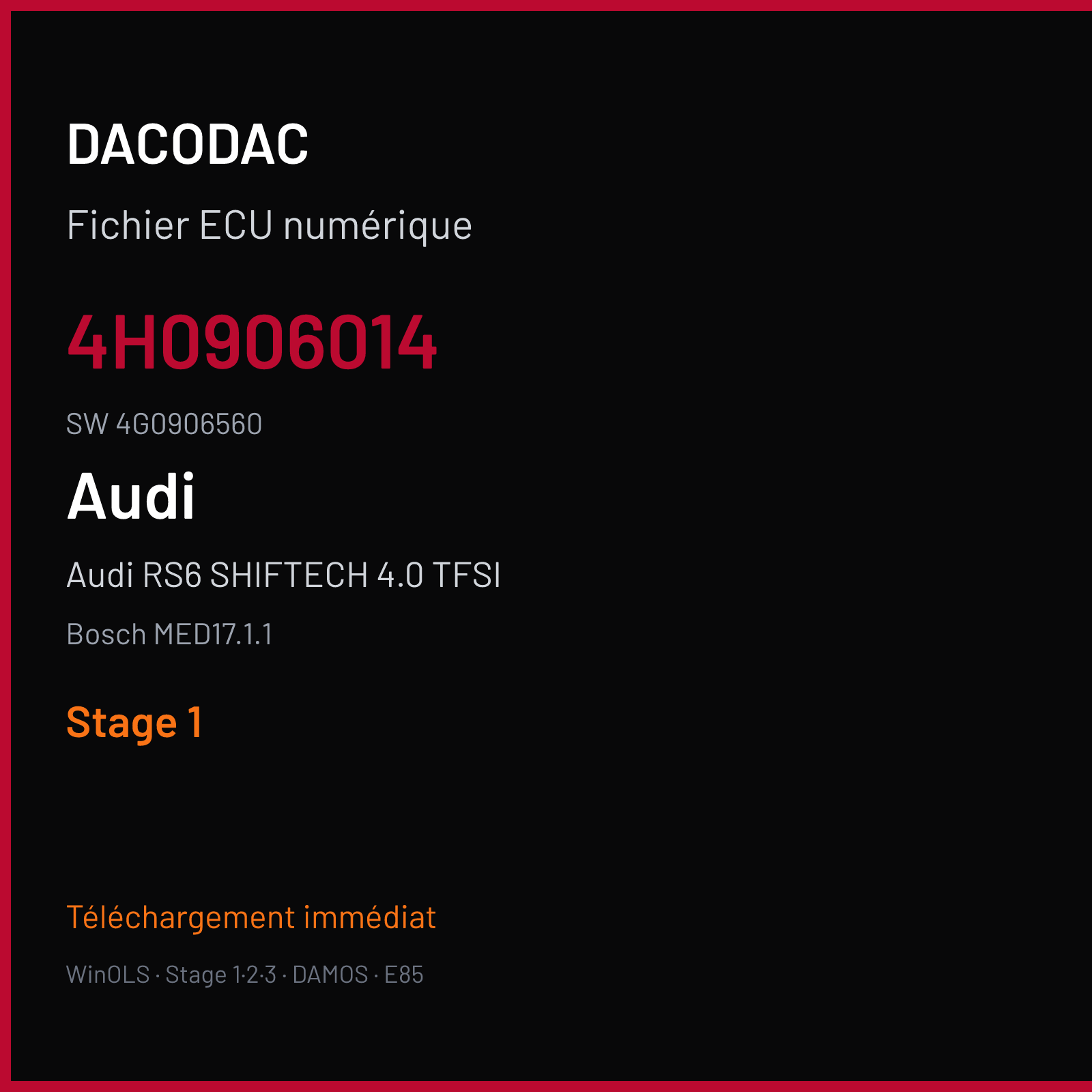 Audi RS6 SHIFTECH 4.0 TFSI 560 ch (2015) — Bosch MED17.1.1 — 4H0906014 · 4G0906560 · 014036 — Stage 1