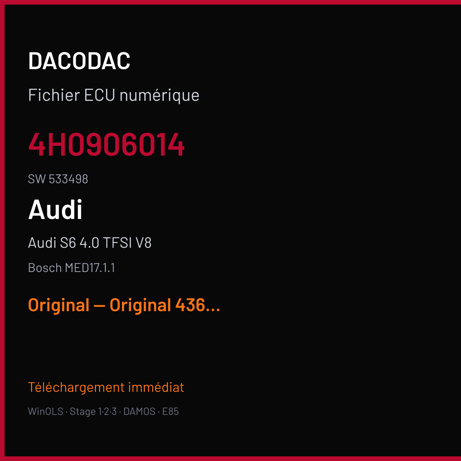 Audi S6 4.0 TFSI V8 (2012) — Bosch MED17.1.1 — 4H0906014 · 533498 — Original — Original 436hp 604nm