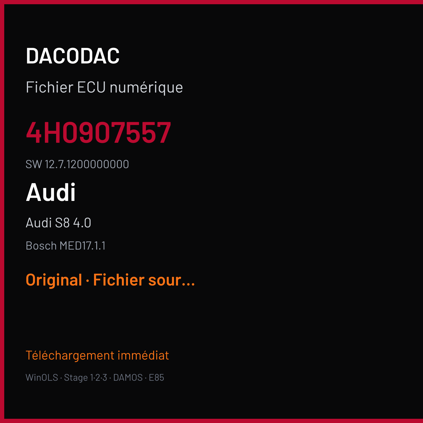 Audi S8 4.0 (2012) — Bosch MED17.1.1 — 4H0907557 · 12.7.1200000000 — Original