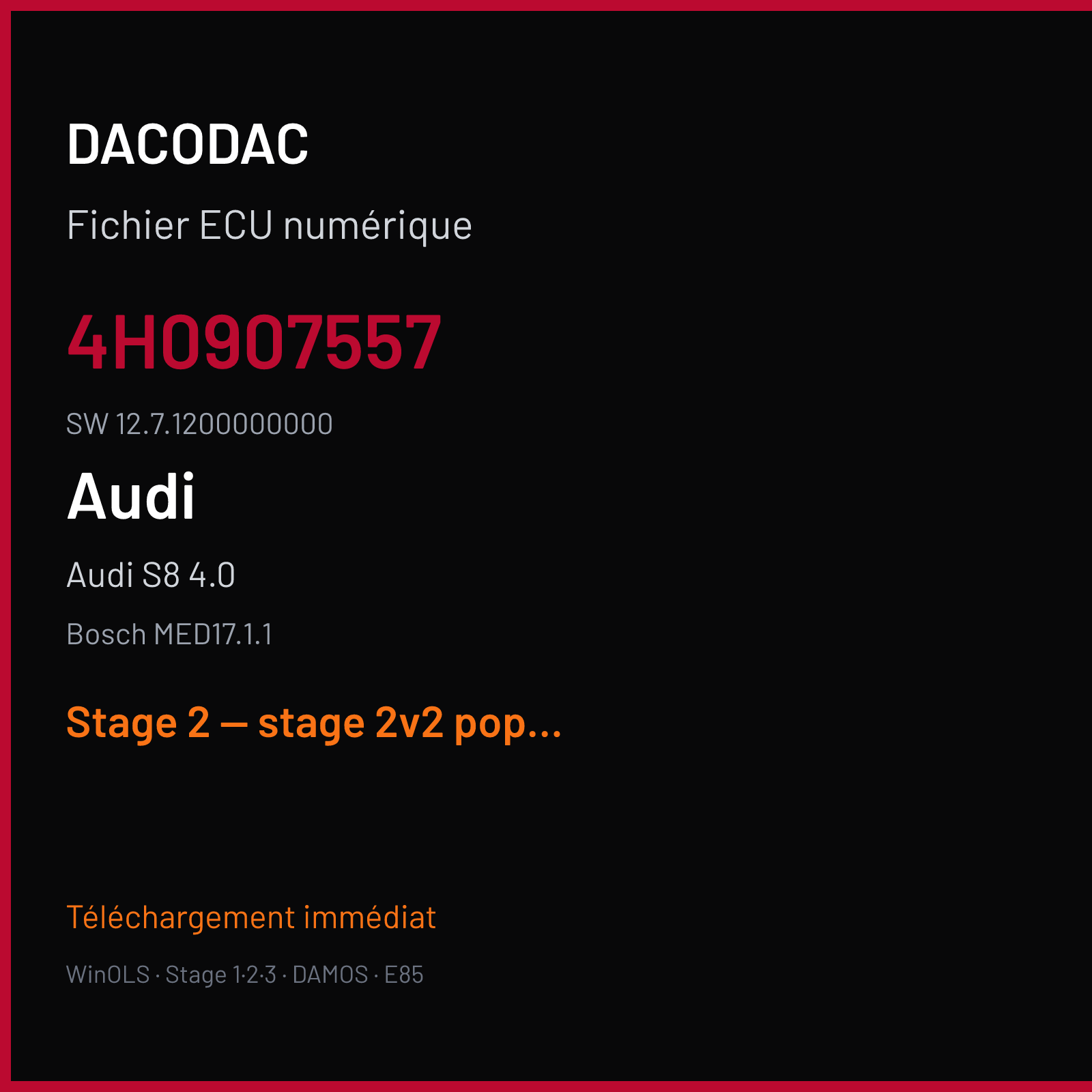 Audi S8 4.0 (2012) — Bosch MED17.1.1 — 4H0907557 · 12.7.1200000000 — Stage 2 — stage 2v2 pop and bangv2