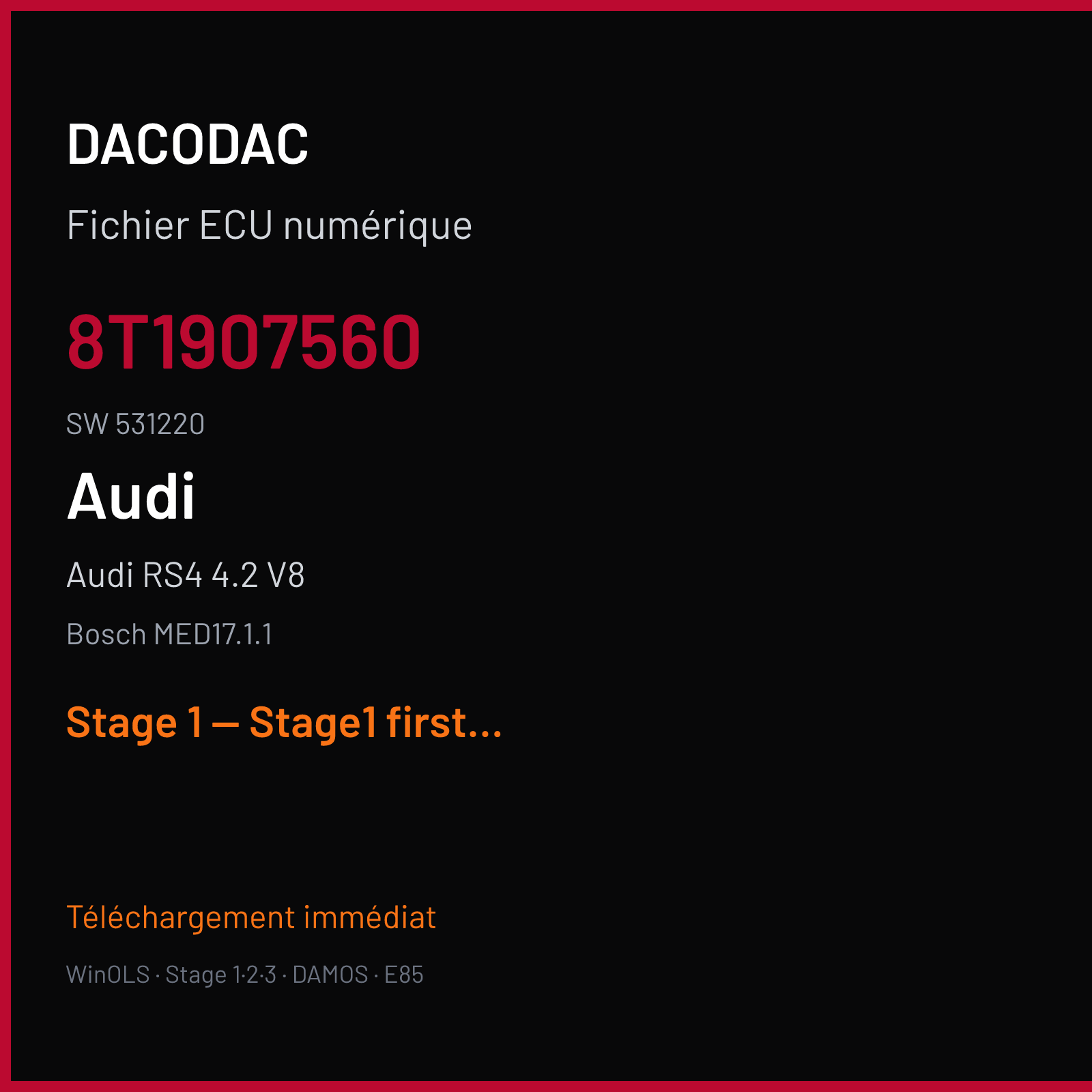 Audi RS4 4.2 V8 (2012) — Bosch MED17.1.1 — 8T1907560 · 531220 — Stage 1 — Stage1 first use