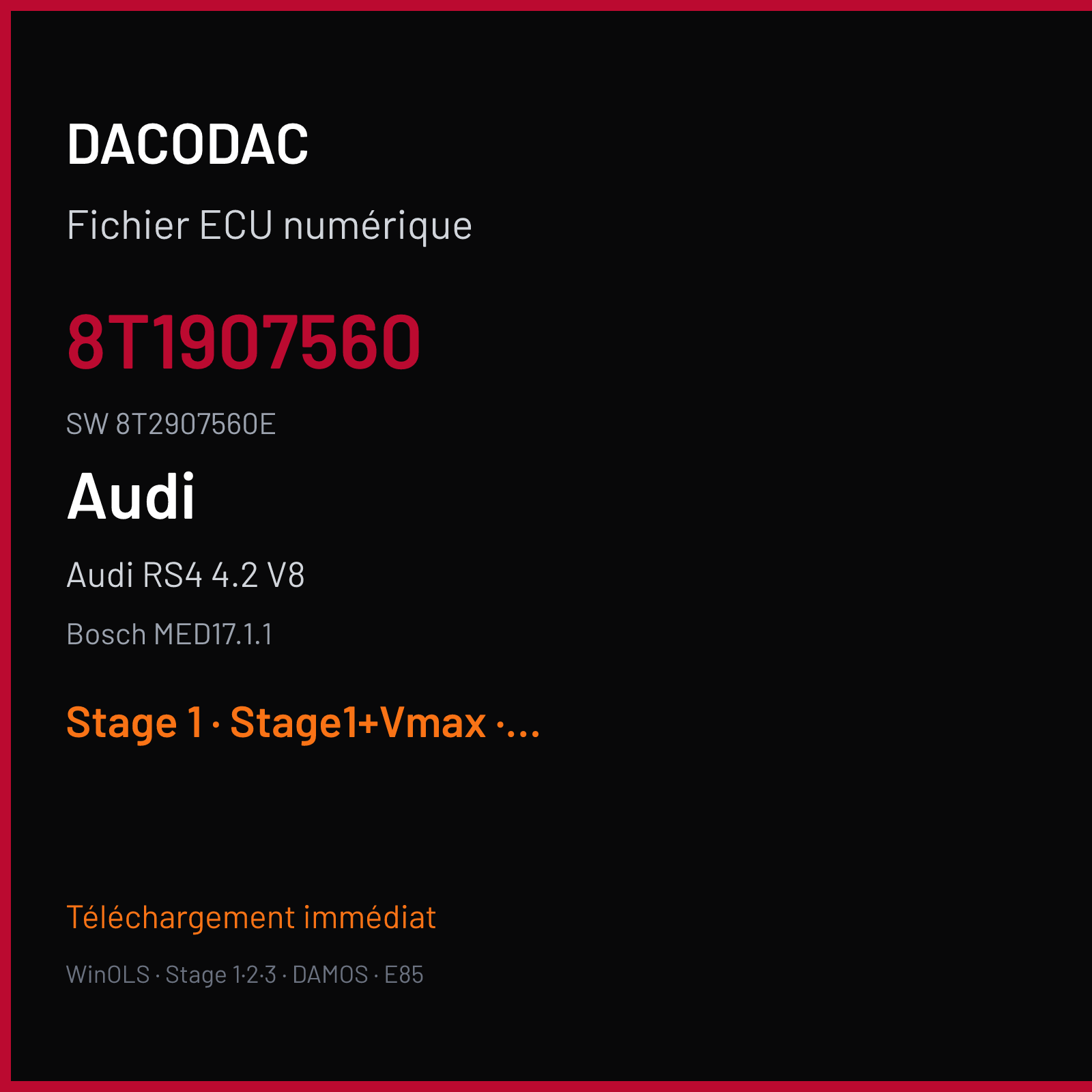 Audi RS4 4.2 V8 450 ch (2012) — Bosch MED17.1.1 — 8T1907560 · 8T2907560E · 0003 1037534274 — Stage 1