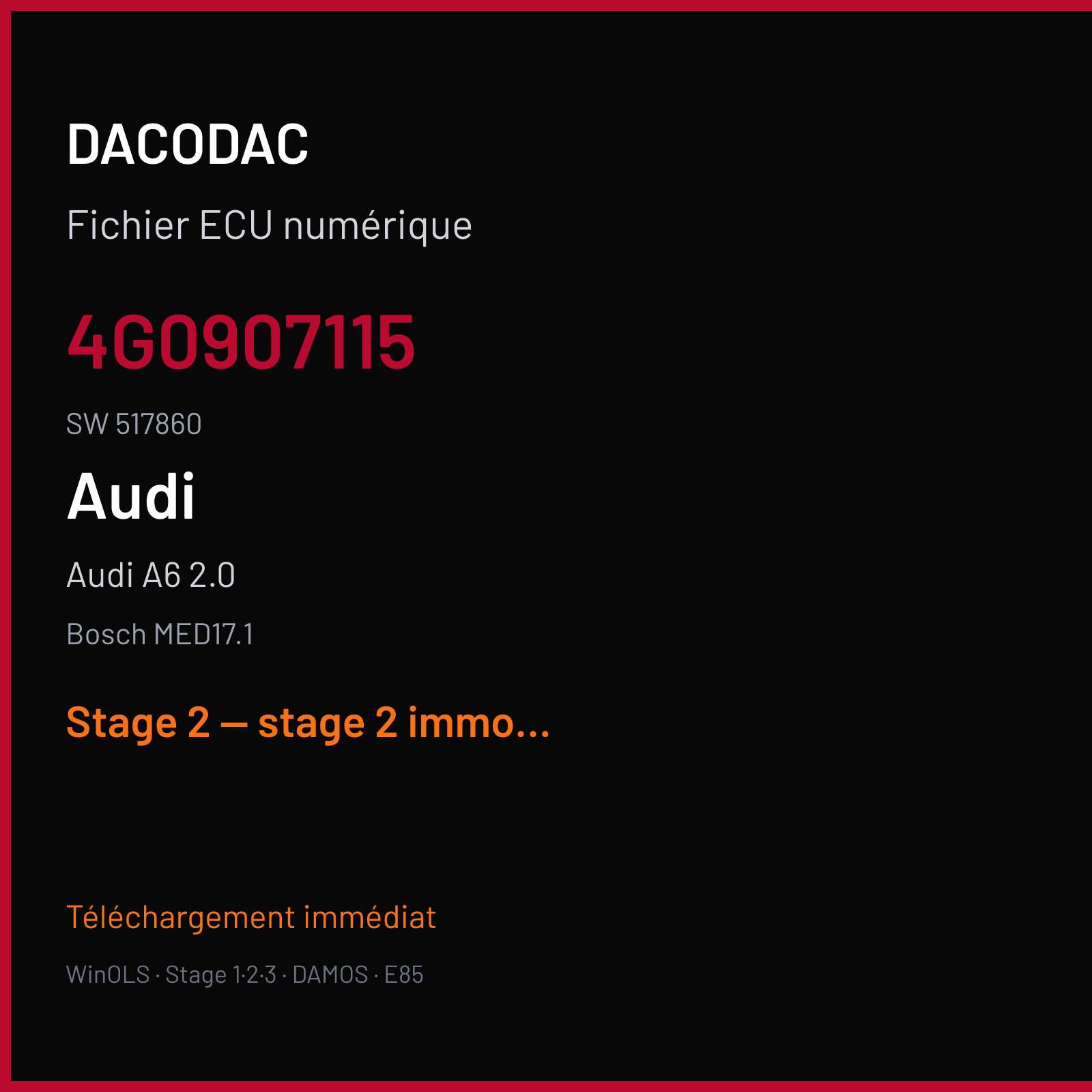 Audi A6 2.0 (2012) — Bosch MED17.1 — 4G0907115 · 517860 — Stage 2 — stage 2 immo off catalyst off pop and bang