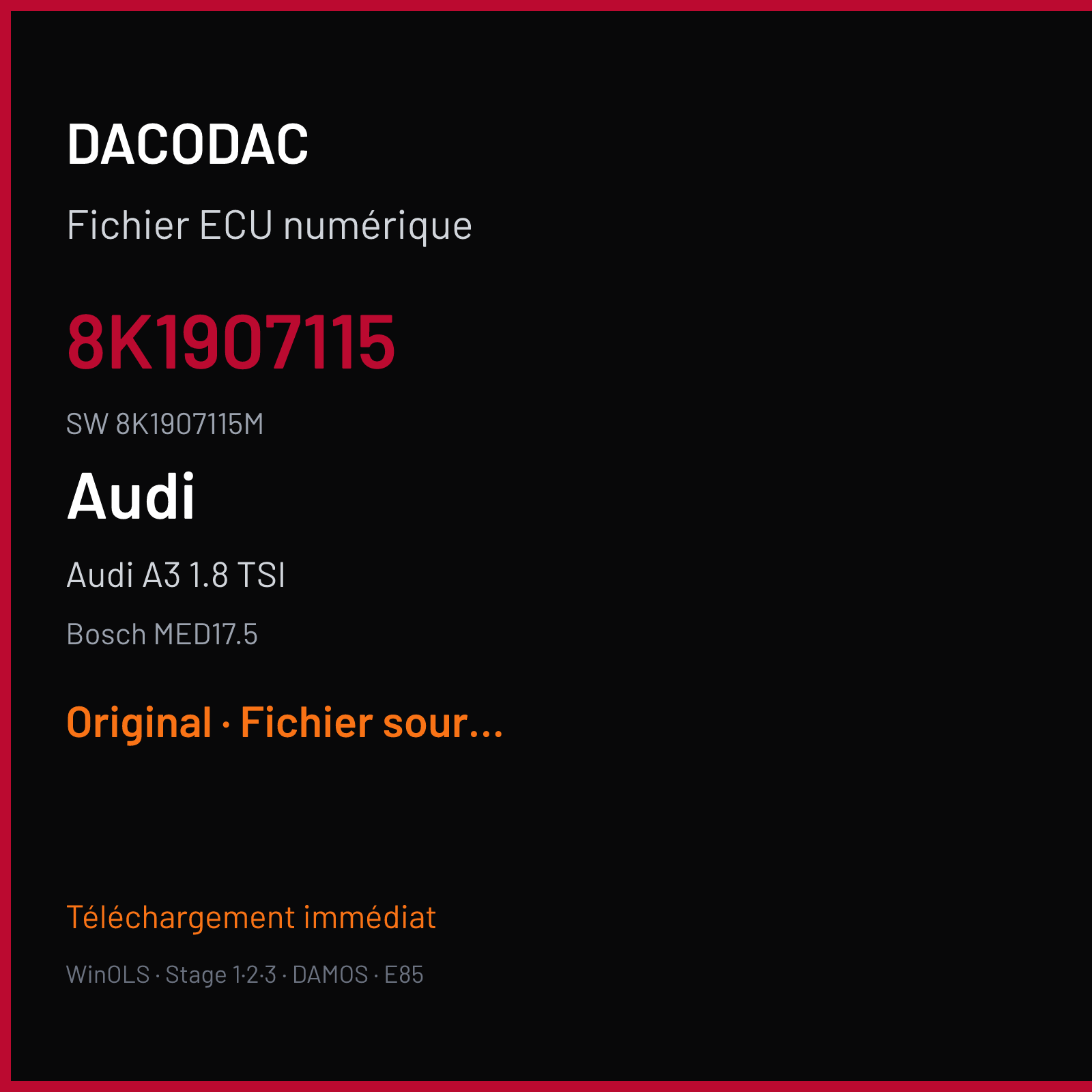 Audi A3 1.8 TSI 160 ch (2011) — Bosch MED17.5 — 8K1907115 · 8K1907115M · 503179 — Original
