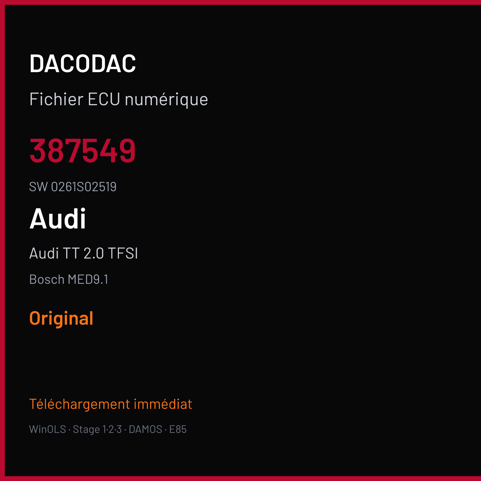 Audi TT 2.0 TFSI 200 ch (2008) — Bosch MED9.1 — 387549 · 0261S02519 — Original