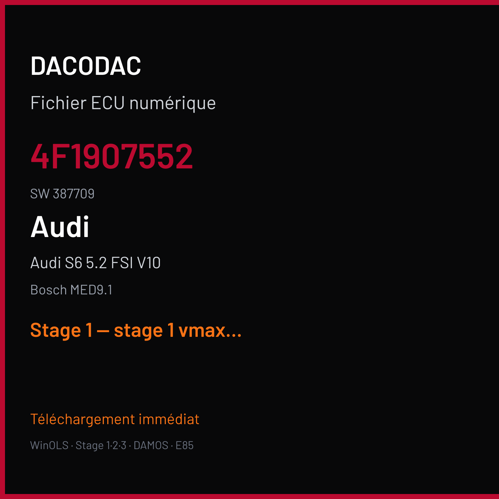 Audi S6 5.2 FSI V10 (2007) — Bosch MED9.1 — 4F1907552 · 387709 — Stage 1 — stage 1 vmax off rpm limit mod