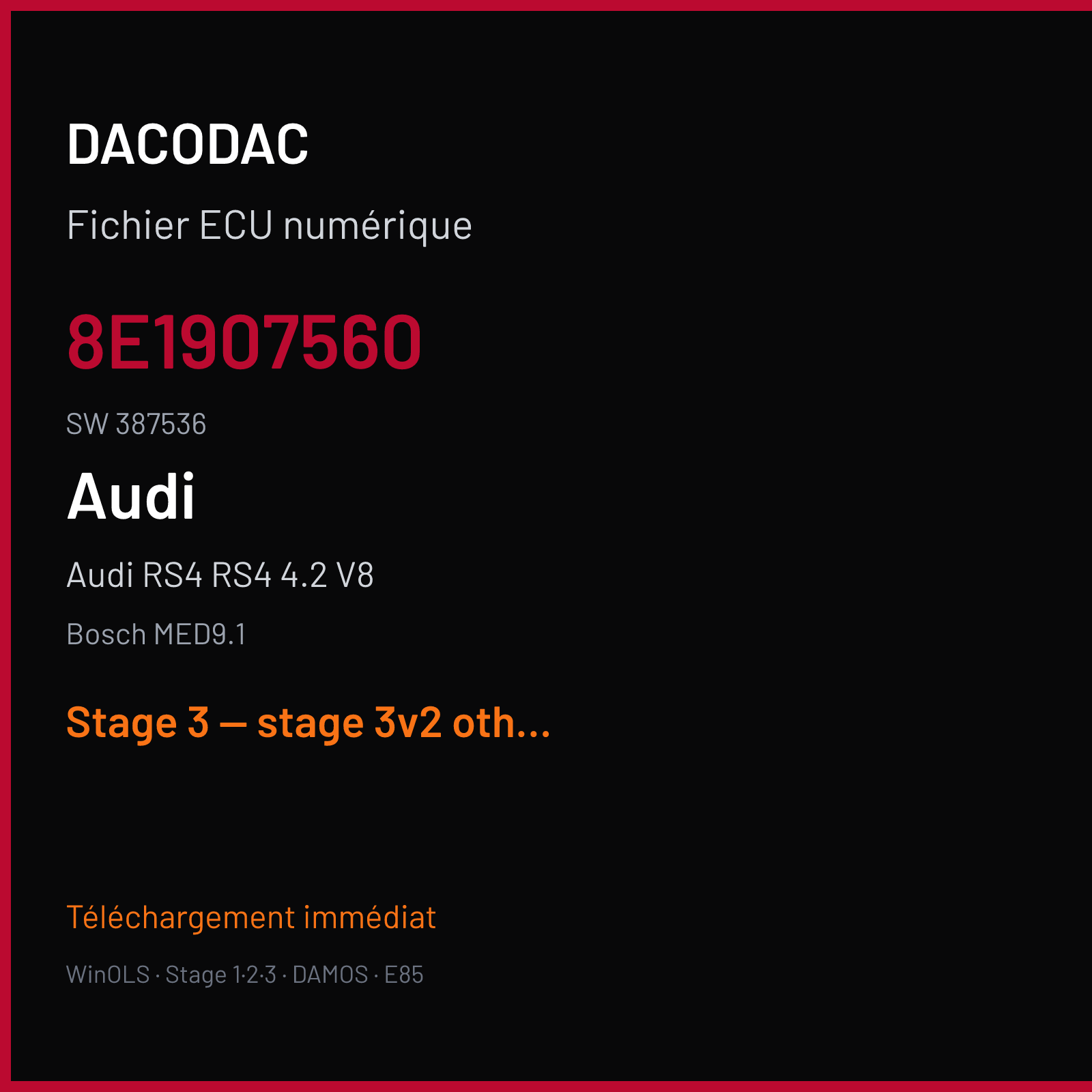 Audi RS4 RS4 4.2 V8 (2007) — Bosch MED9.1 — 8E1907560 · 387536 — Stage 3 — stage 3v2 other tuner made pop and bang catalyst off rpm limit mod set at 7500 vmax off special request