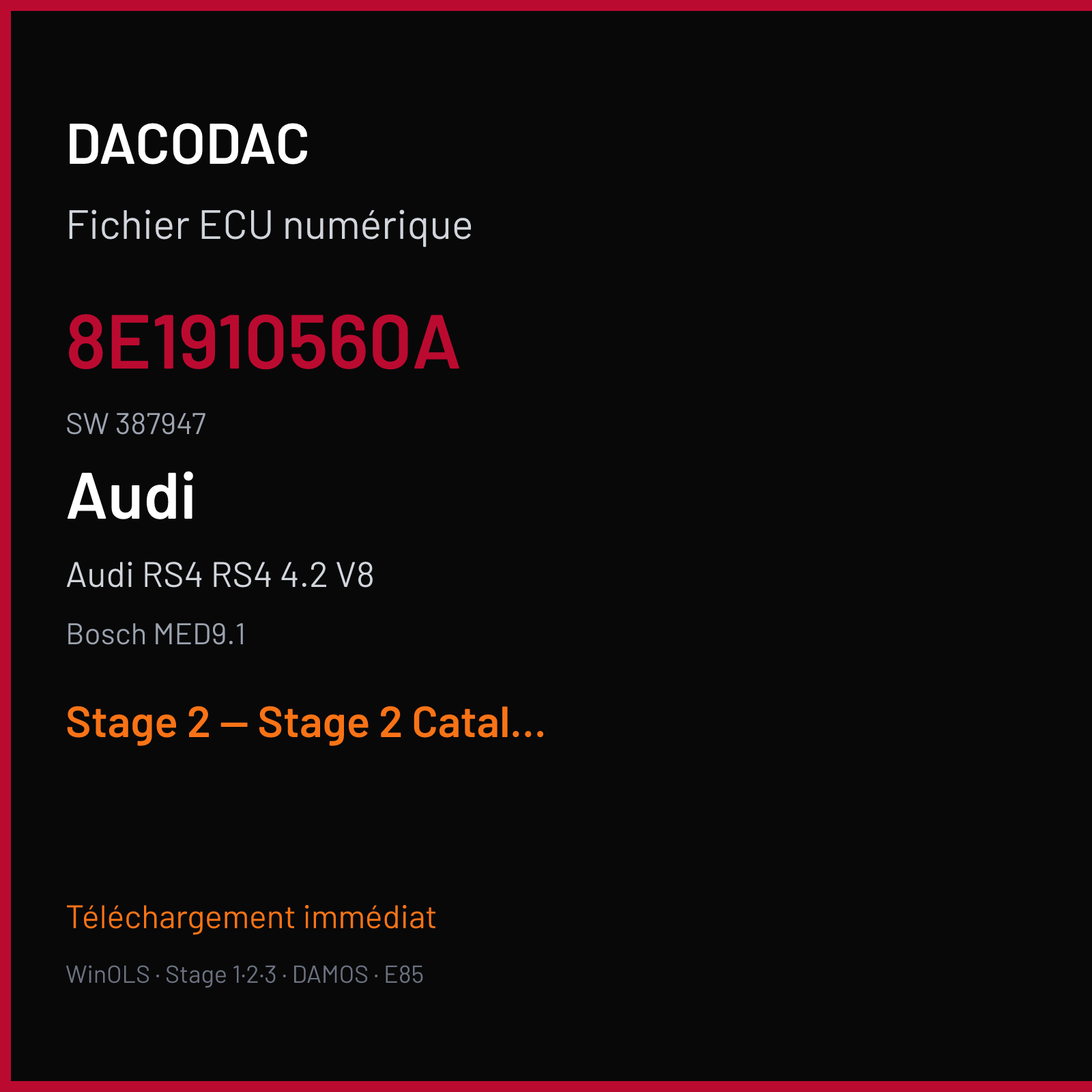 Audi RS4 RS4 4.2 V8 (2007) — Bosch MED9.1 — 8E1910560A · 387947 — Stage 2 — Stage 2 Catalyst OFFV2 Pop and Bang VMax OFF