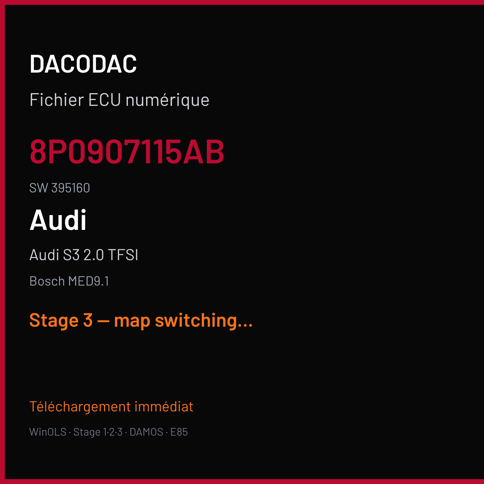 Audi S3 2.0 TFSI (2009) — Bosch MED9.1 — 8P0907115AB · 395160 — Stage 3 — map switching launchcontrol no lift shift added code vmax off stage 3v2
