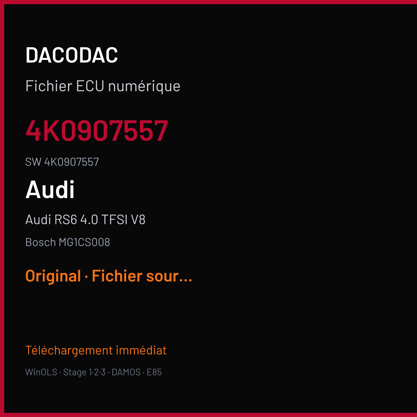 Audi RS6 4.0 TFSI V8 600 ch (2020) — Bosch MG1CS008 — 4K0907557 · 4K0907557 · 0001 10SW051553 — Original