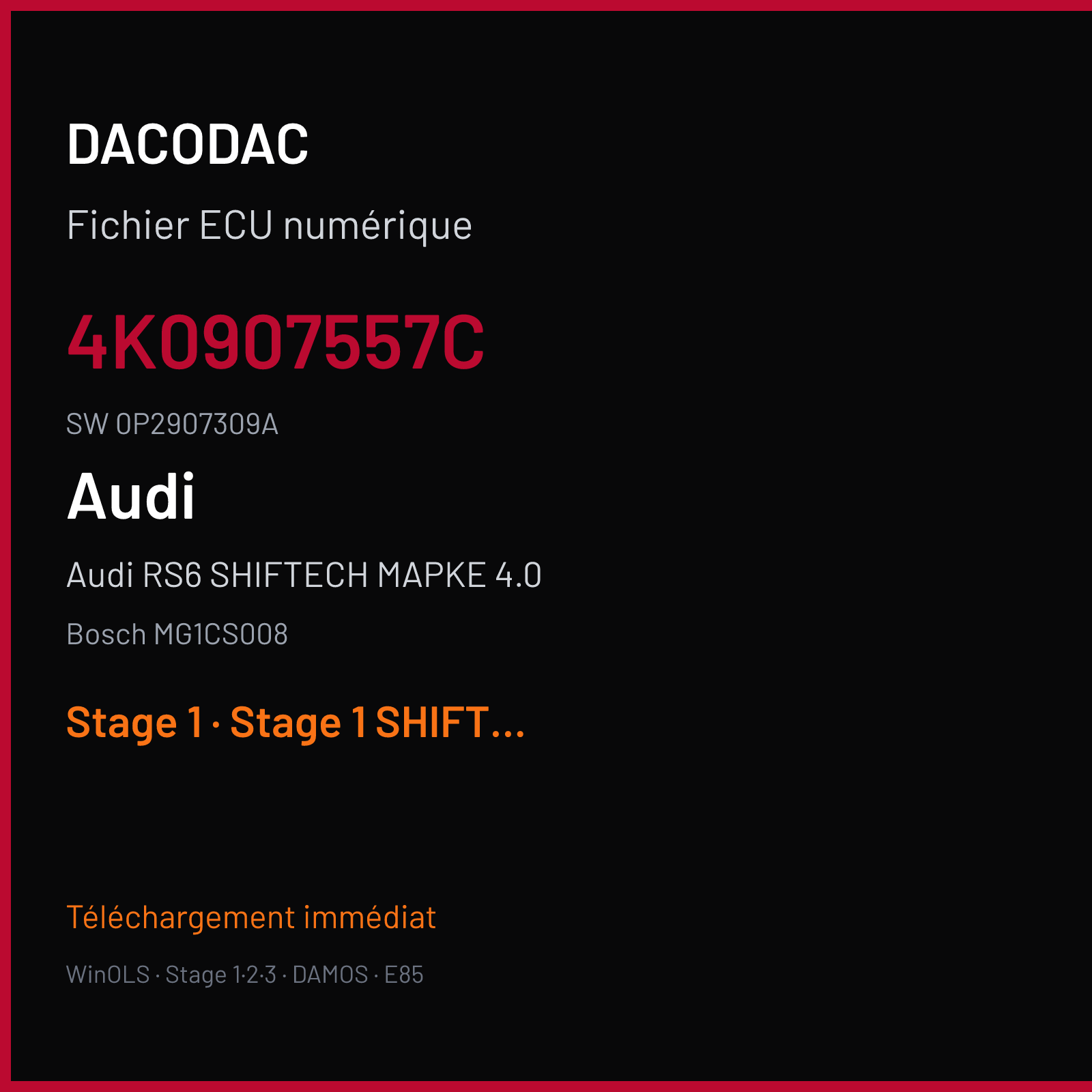 Audi RS6 SHIFTECH MAPKE 4.0 600 ch (2020) — Bosch MG1CS008 — 4K0907557C · 0P2907309A · 055417 — Stage 1