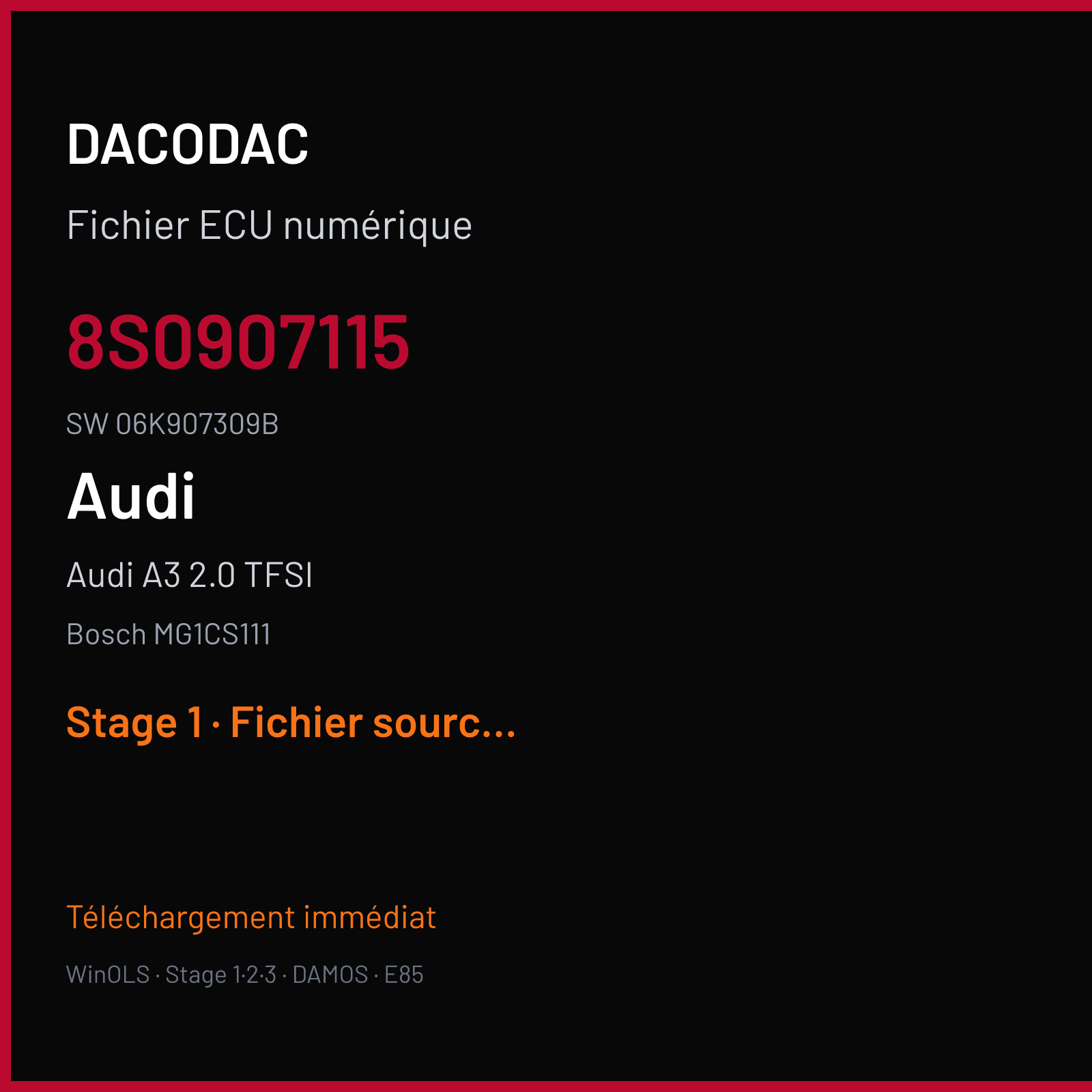 Audi A3 2.0 TFSI 190 ch (2018) — Bosch MG1CS111 — 8S0907115 · 06K907309B · 035559 — Stage 1