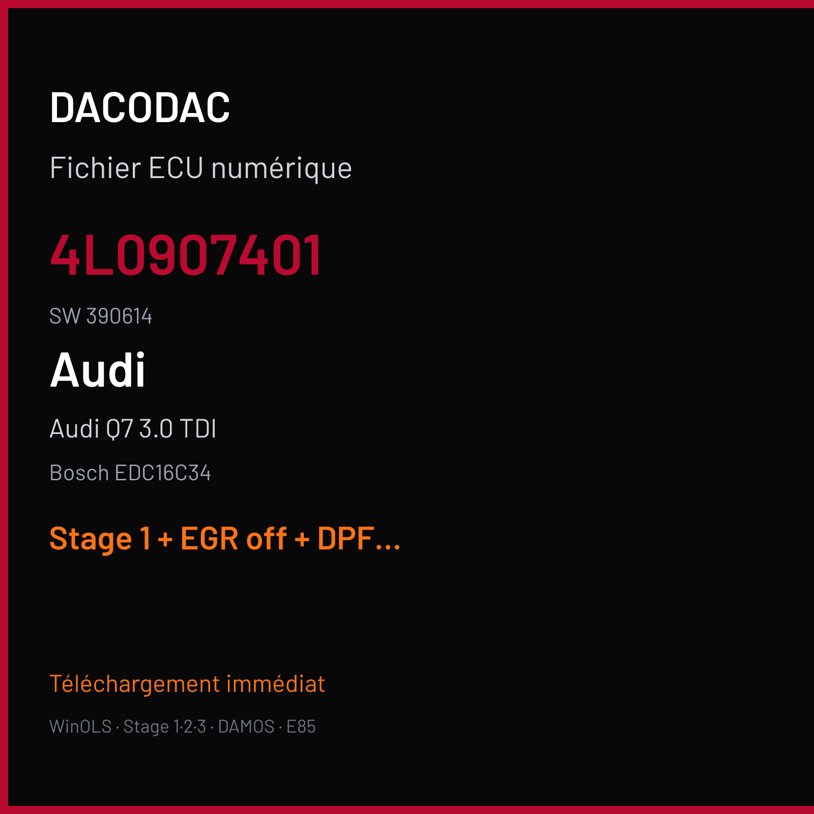 Audi Q7 3.0 TDI (2007) — Bosch EDC16C34 — 4L0907401 · 390614 — Stage 1 + EGR off + DPF off + VMAX off
