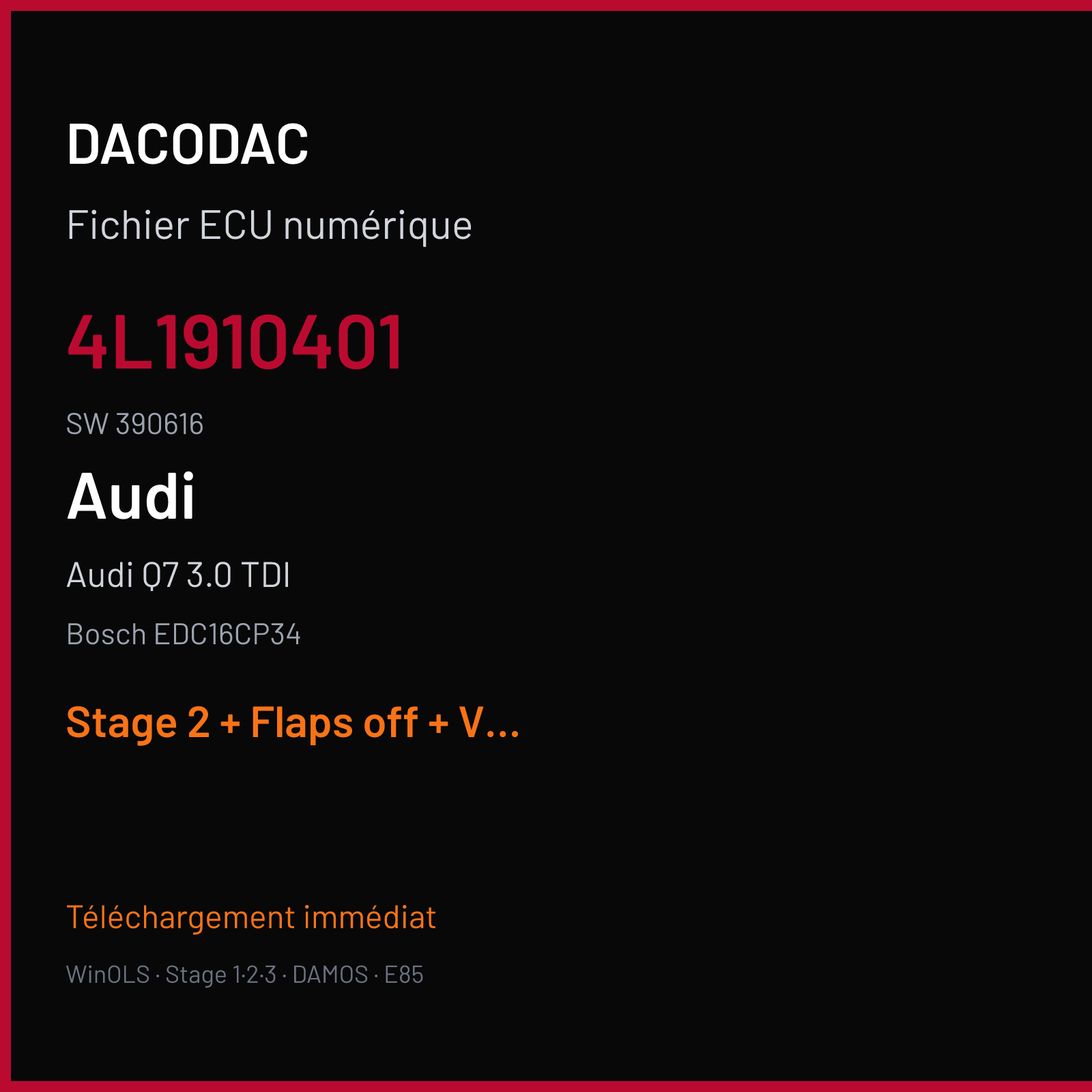 Audi Q7 3.0 TDI — Bosch EDC16CP34 — 4L1910401 · 390616 — Stage 2 + Flaps off + VMAX off