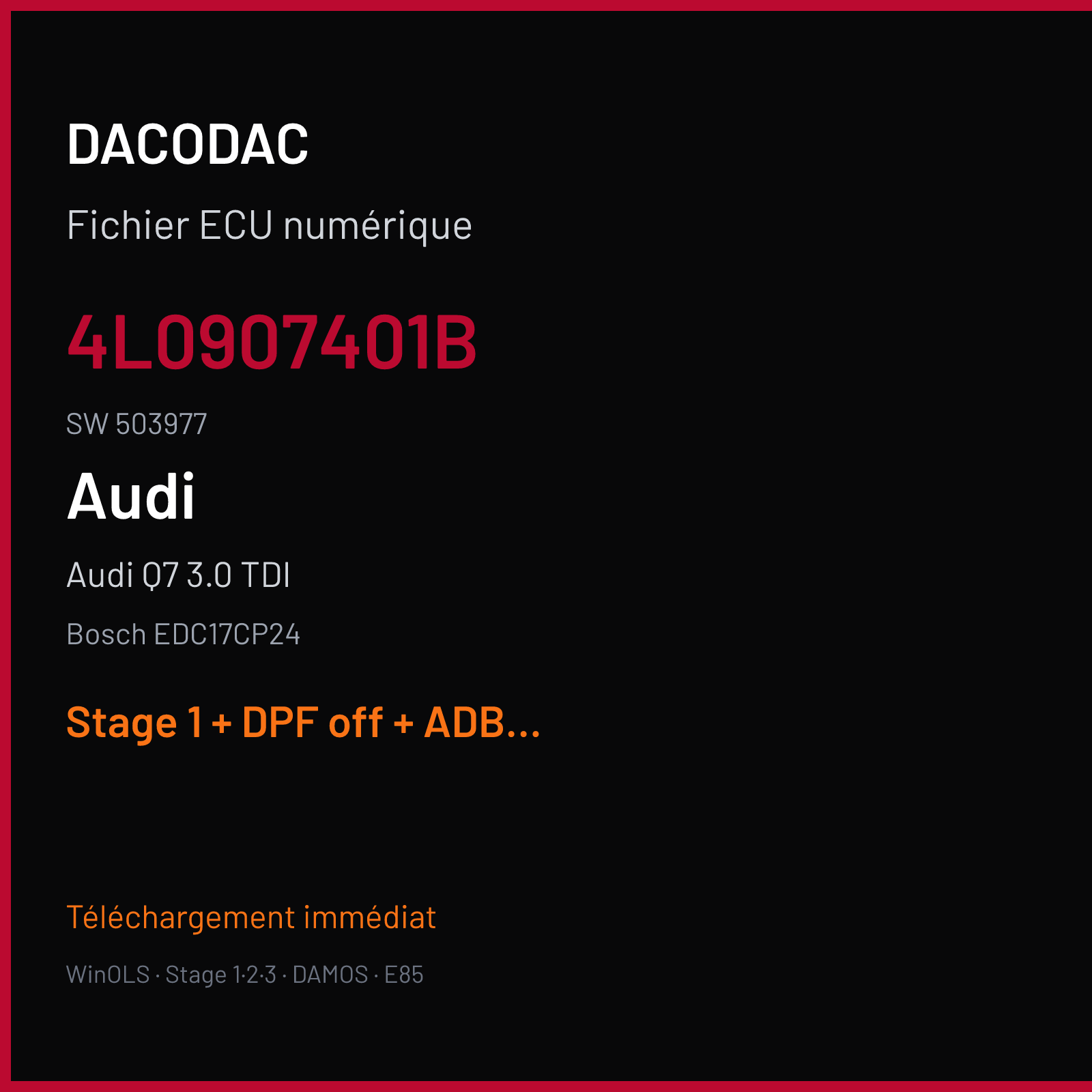 Audi Q7 3.0 TDI (2014) — Bosch EDC17CP24 — 4L0907401B · 503977 — Stage 1 + DPF off + ADBLUE off
