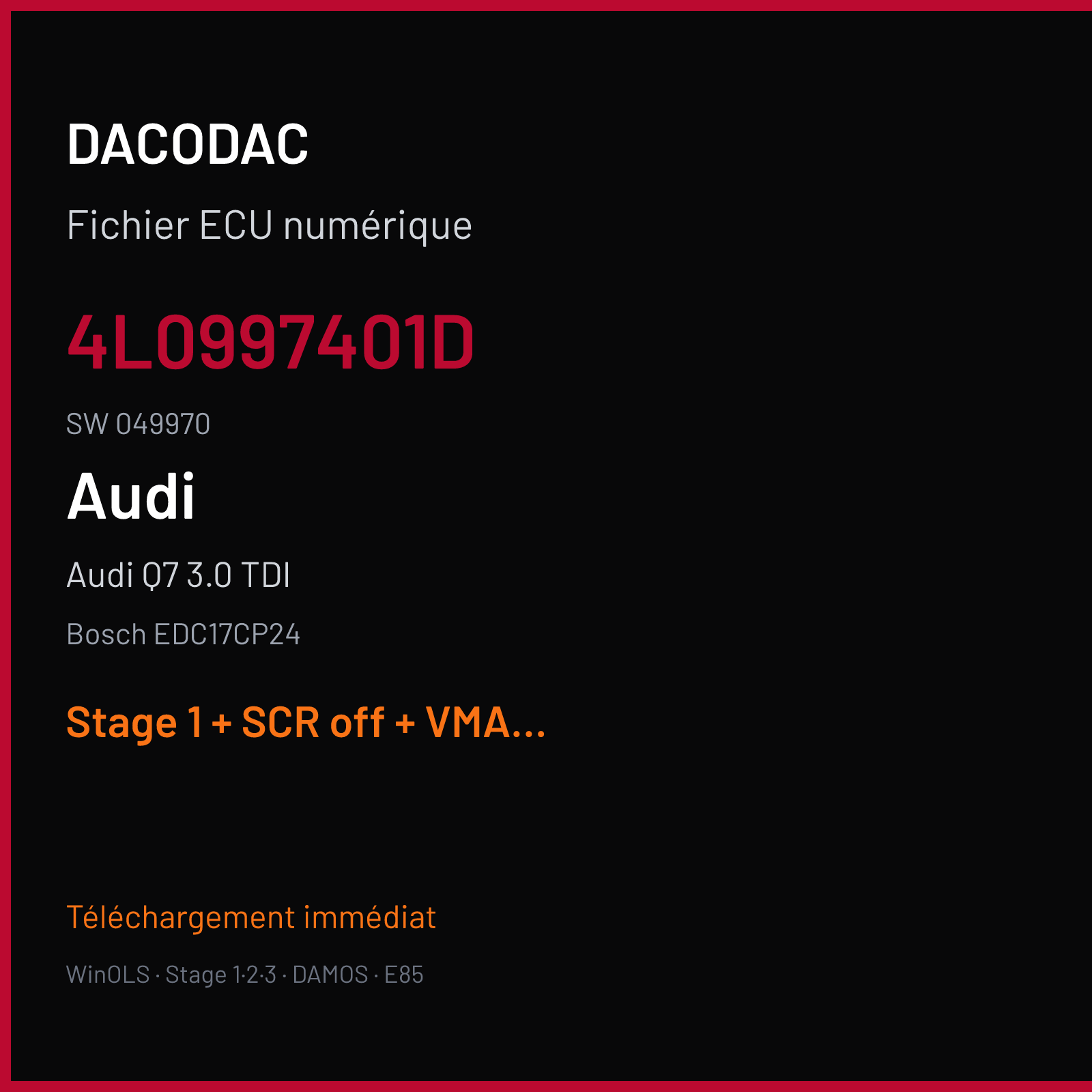 Audi Q7 3.0 TDI (2010) — Bosch EDC17CP24 — 4L0997401D · 049970 — Stage 1 + SCR off + VMAX off