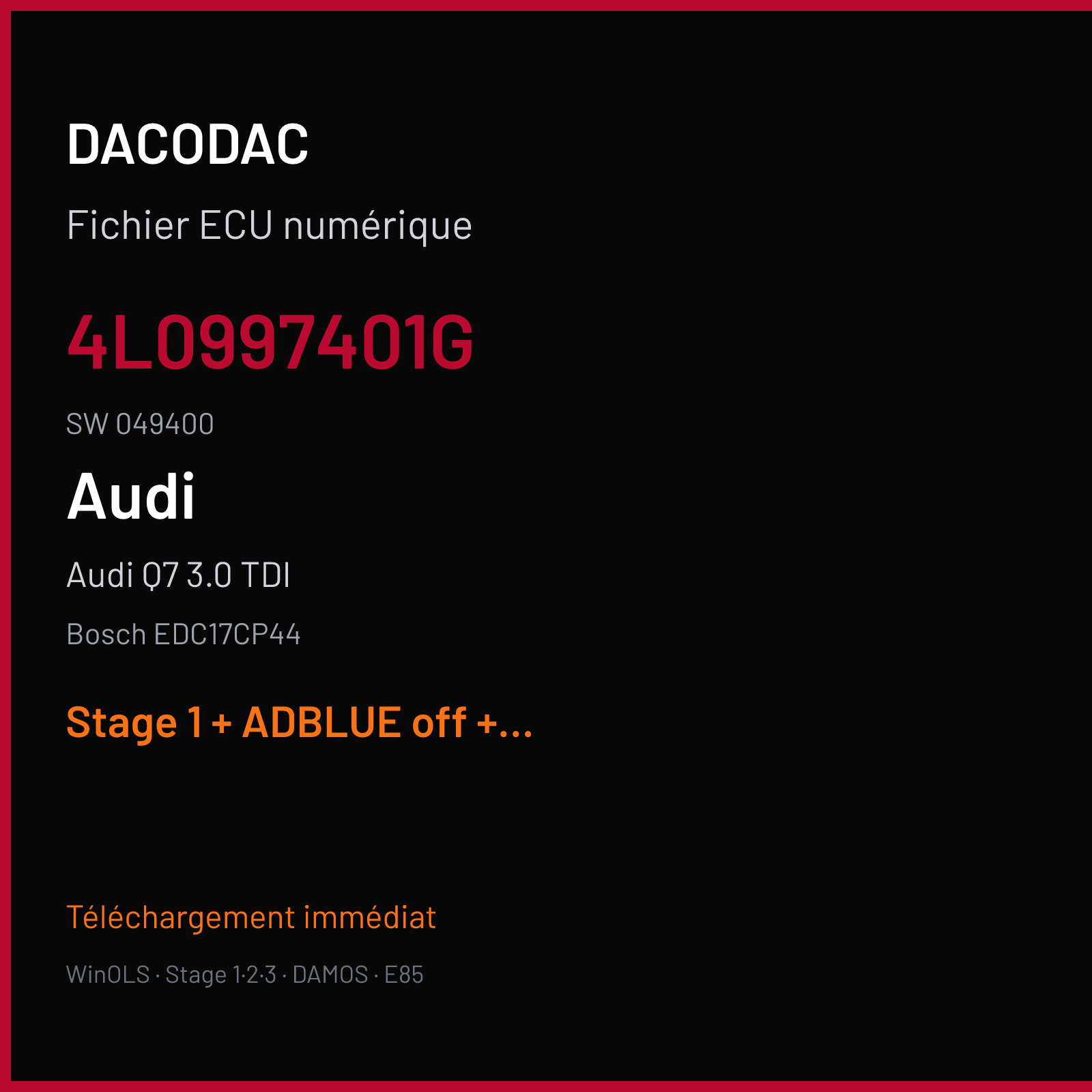 Audi Q7 3.0 TDI (2015) — Bosch EDC17CP44 — 4L0997401G · 049400 — Stage 1 + ADBLUE off + VMAX off