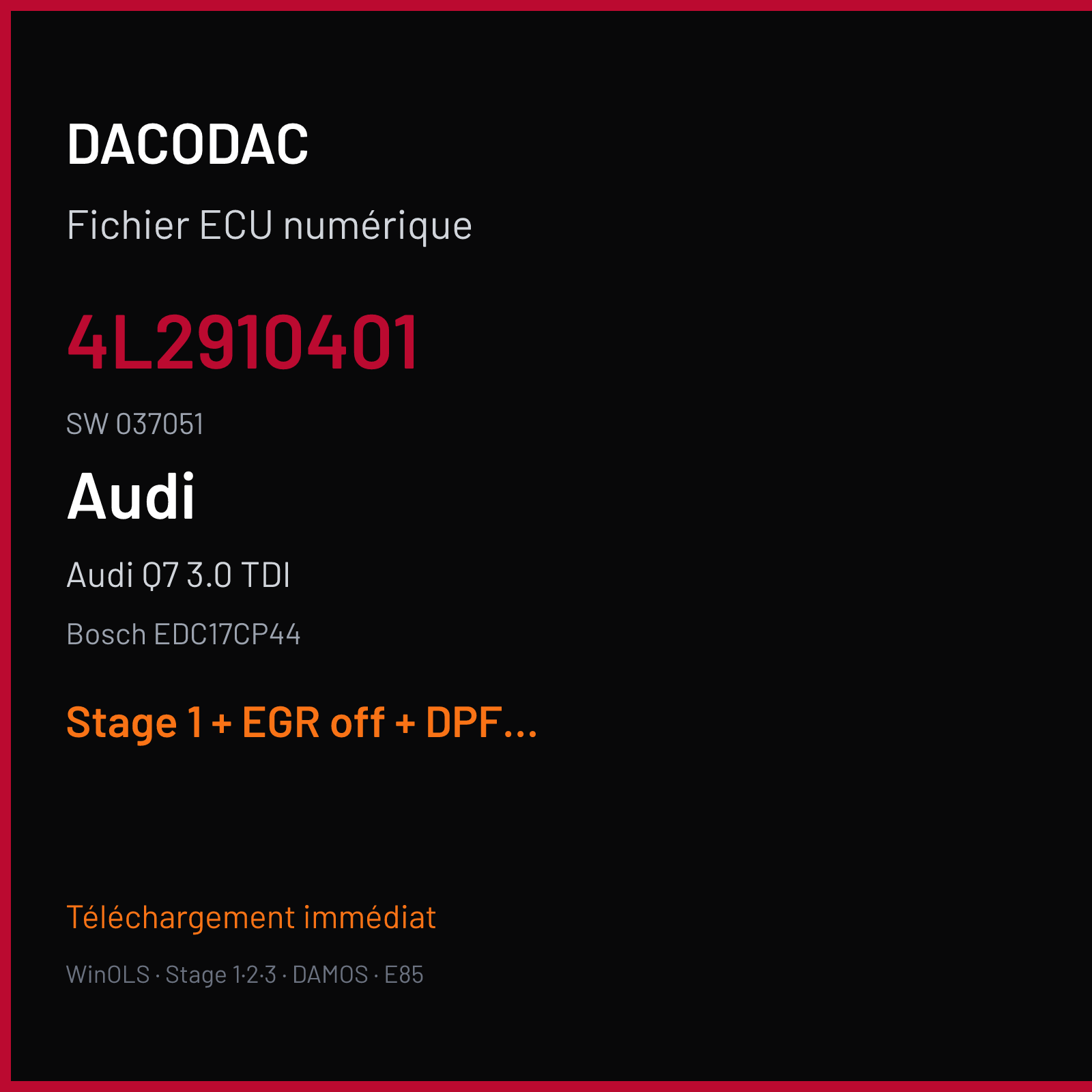 Audi Q7 3.0 TDI — Bosch EDC17CP44 — 4L2910401 · 037051 — Stage 1 + EGR off + DPF off + ADBLUE off + VMAX off