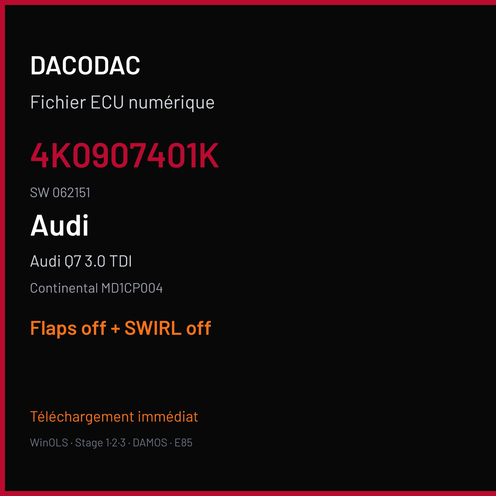 Audi Q7 3.0 TDI (2019) — Continental MD1CP004 — 4K0907401K · 062151 — Flaps off + SWIRL off