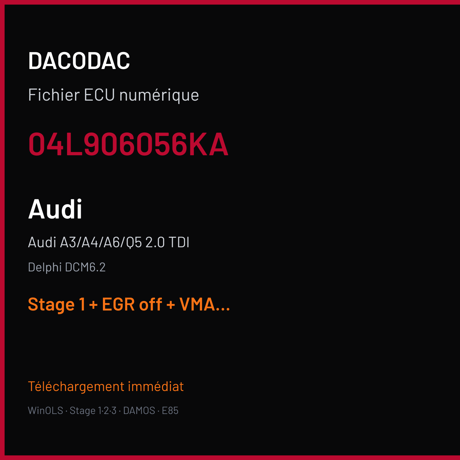 Audi A3/A4/A6/Q5 2.0 TDI — Delphi DCM6.2 — 04L906056KA — Stage 1 + EGR off + VMAX off