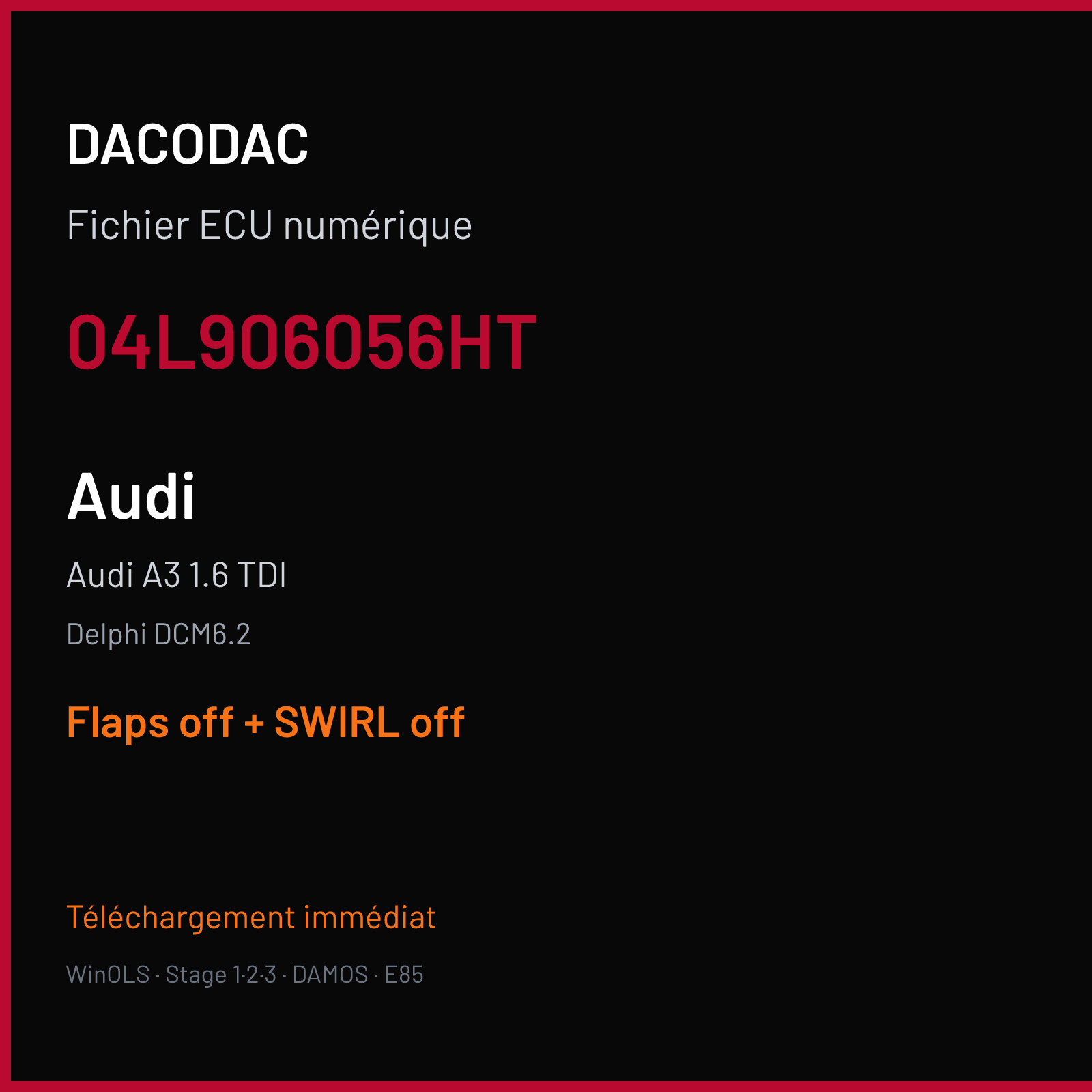 Audi A3 1.6 TDI (2017) — Delphi DCM6.2 — 04L906056HT — Flaps off + SWIRL off