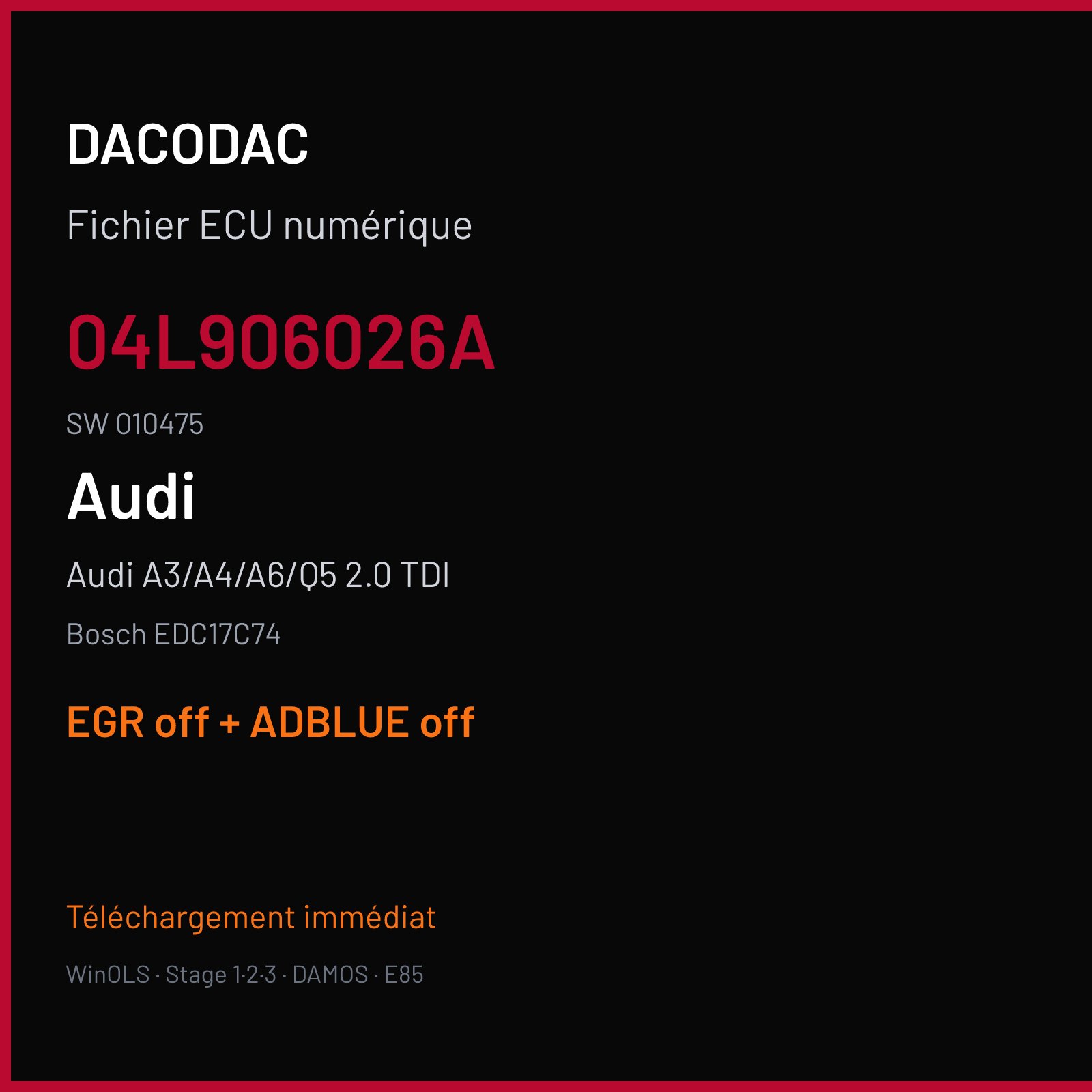 Audi A3/A4/A6/Q5 2.0 TDI — Bosch EDC17C74 — 04L906026A · 010475 — EGR off + ADBLUE off