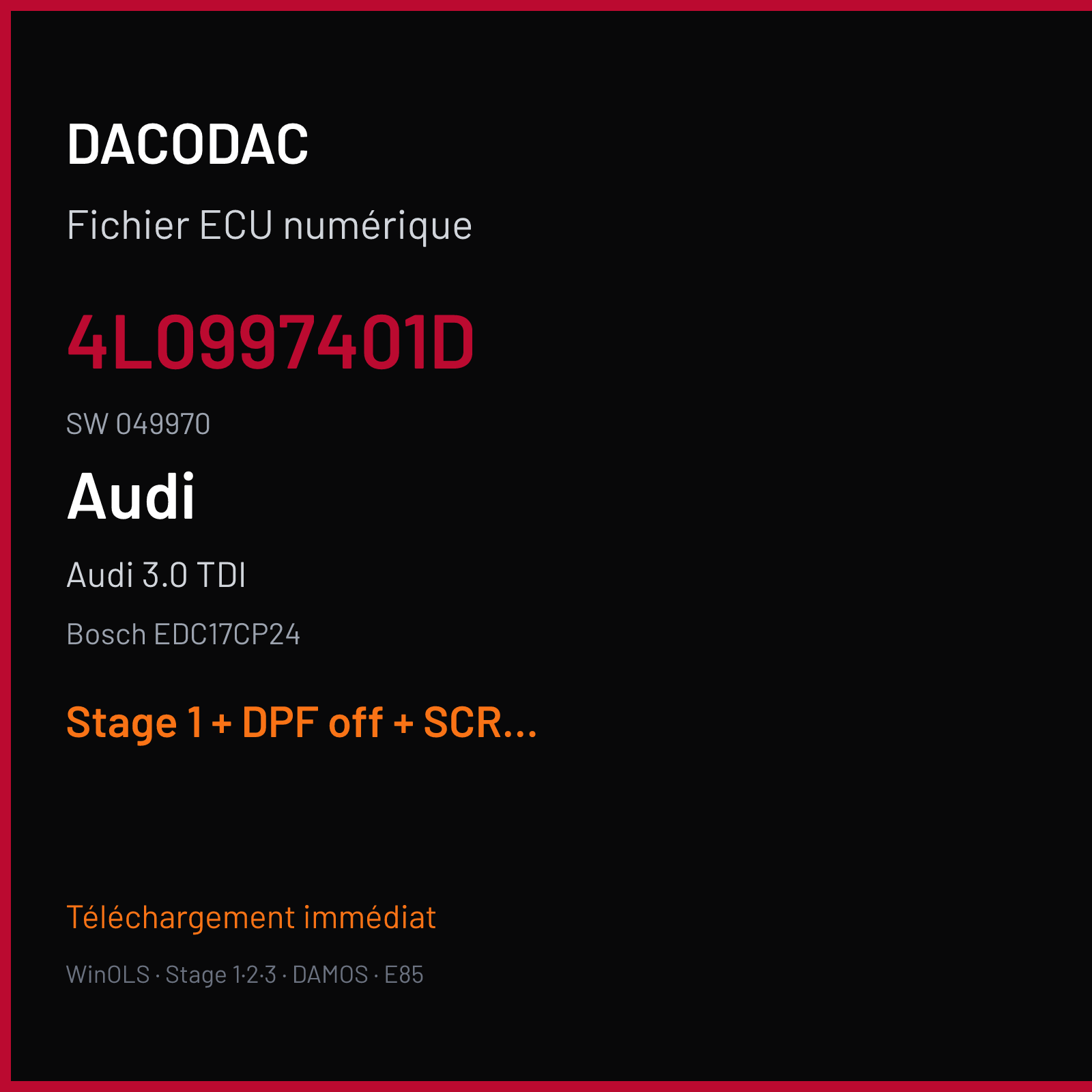Audi 3.0 TDI — Bosch EDC17CP24 — 4L0997401D · 049970 — Stage 1 + DPF off + SCR off