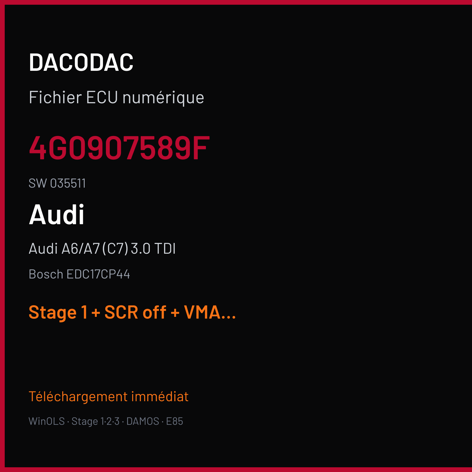 Audi A6/A7 (C7) 3.0 TDI — Bosch EDC17CP44 — 4G0907589F · 035511 — Stage 1 + SCR off + VMAX off