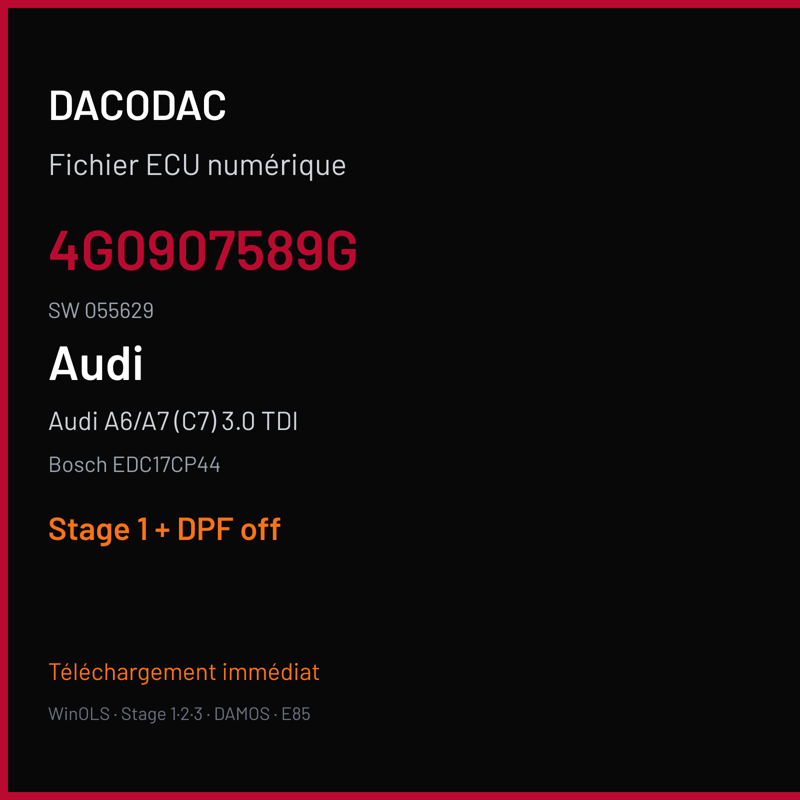 Audi A6/A7 (C7) 3.0 TDI — Bosch EDC17CP44 — 4G0907589G · 055629 — Stage 1 + DPF off
